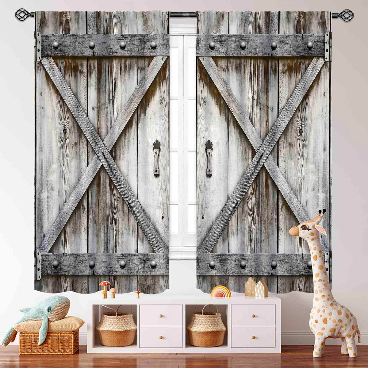 Barn Door Wooden Kitchen Curtains,Rustic Farm Farmhouse Country Retro Rustic Western Cafe Short Tier Curtains Decor for Living Room Garage Cabin Window Drapes 2 Panels,42X45 Inch