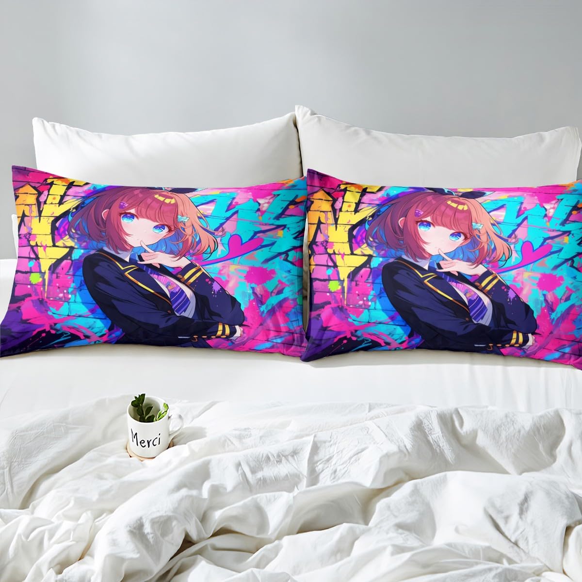 Erosebridal Girls Japanese Anime Comforter Set Twin, Kawaii Anime Girl Bedding Set Cartoon Girl Duvet Insert for Kids Teens Adult, Japanese Animation Sci Fi Style Quilt with 1 Pillow Case