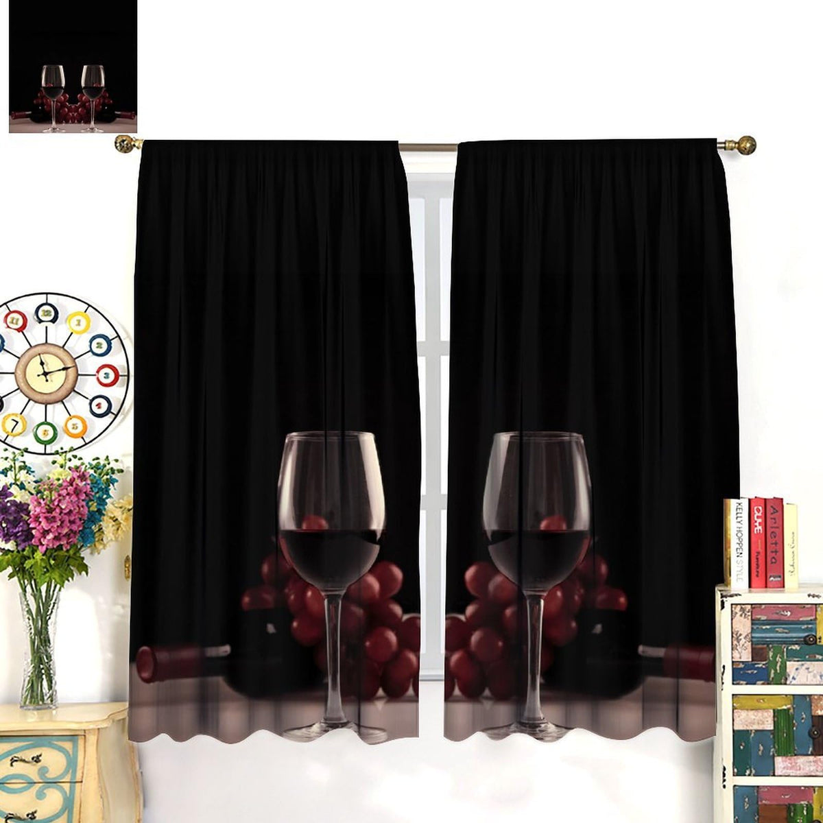 Wine Glass Curtains, Red Wine Glass Bottle Grapes Print, Light Filtering Window Drapes for Kitchen Dining Room Living Room, 20.5" W x 44.5" L, 2 Panels (No Blackout)