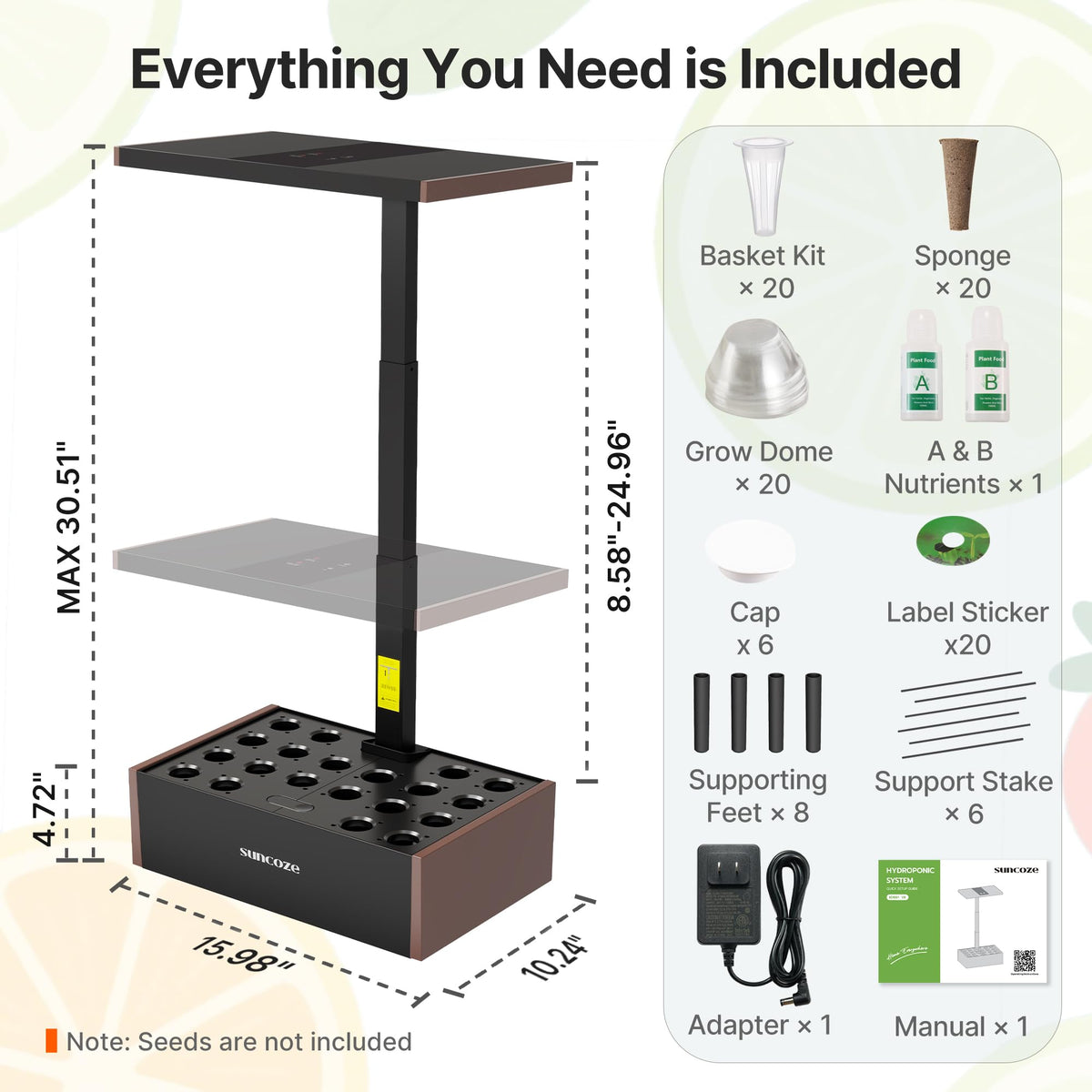 SUNCOZE Hydroponics Growing System Kit, 20 Pods Indoor Herb Garden with 10L Water Tank & Adjustable Height 25", 30W LED Grow Light, LCD Display with Veg/Flower Modes, Pump & Low Water Reminder, Black