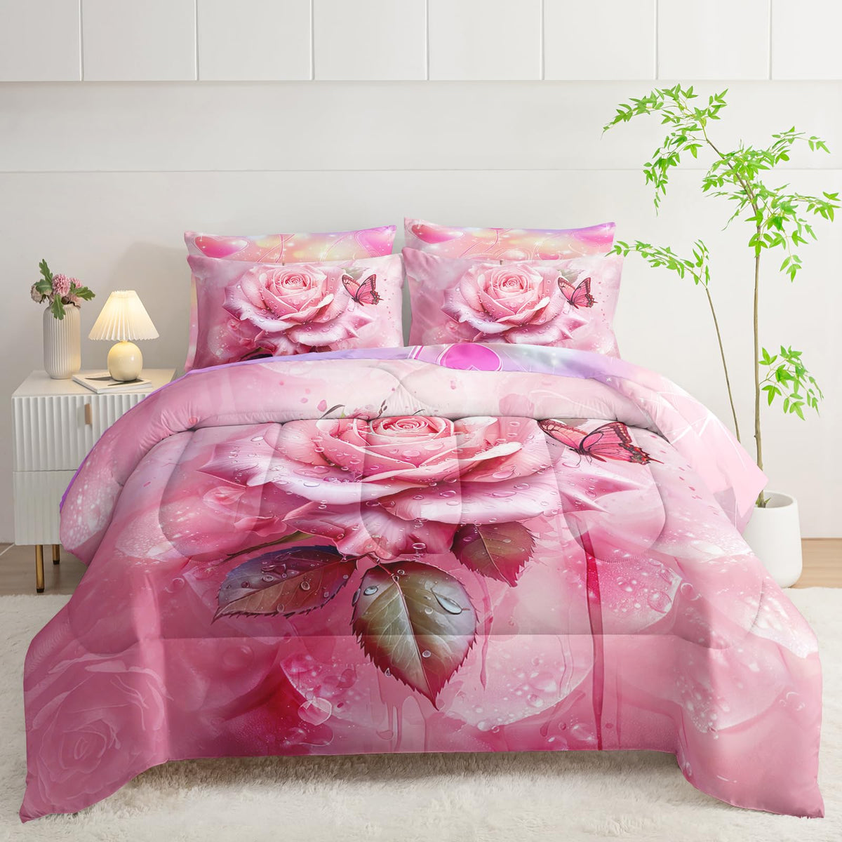 AILONEN Pink Rose Comforter Set Twin Size for Girls Women,7-Piece Soft Bed in a Bag,Rose Flower Butterfly Comforter & Fitted Sheet & Flat Sheet & 2 Pillowcases,2 Pillow Shams