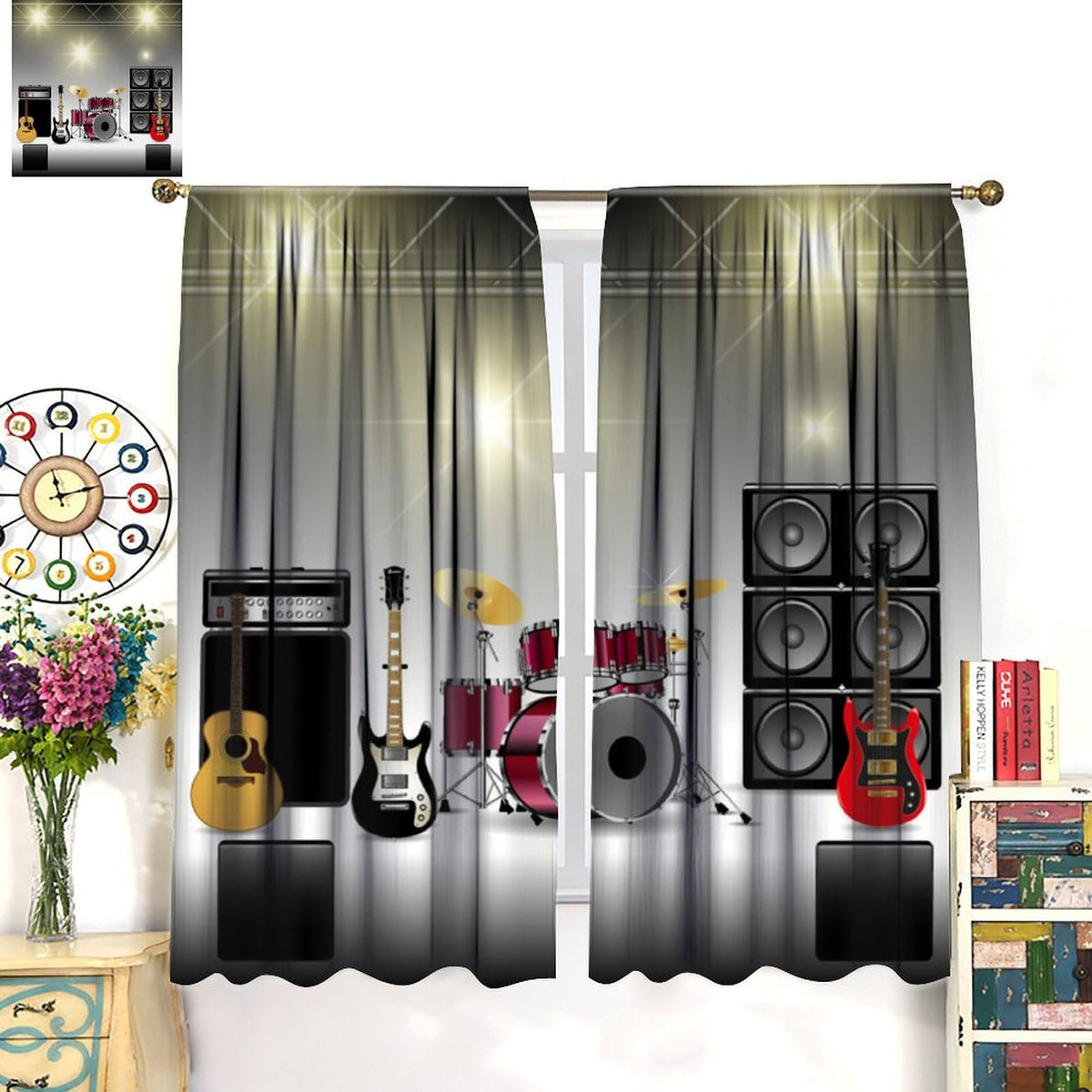 FAOTELY Rock Music Curtains Teens Boys Electronic Musical Instrument Curtain Guitar Drum Speaker Blackout Window Drapes for Bedroom Living Room Kitchen Cafe Decor (W21xL45 Inch) x2 Decor