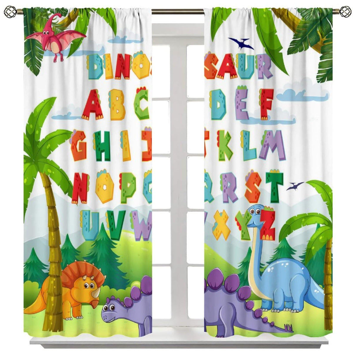 AAVEUP Dinosaur Alphabet ABC Curtains, Cartoon Jurassic Forest Plants for Educational Learning Windows Treatments Drapes for Kids Boys Nursery Children Toddler Bedroom 42x45in(No Blackout)