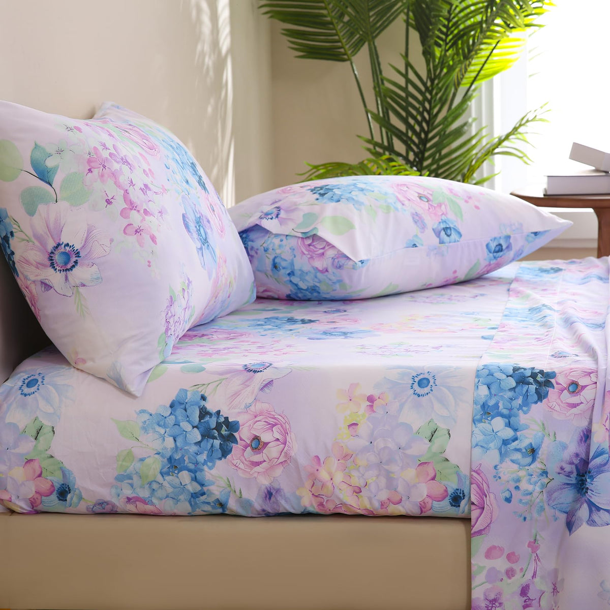 JSD Purple Hydrangea Floral Sheet Set King Size, 4 Piece Soft Spring Printed Microfiber Bed Sheets Deep Pocket