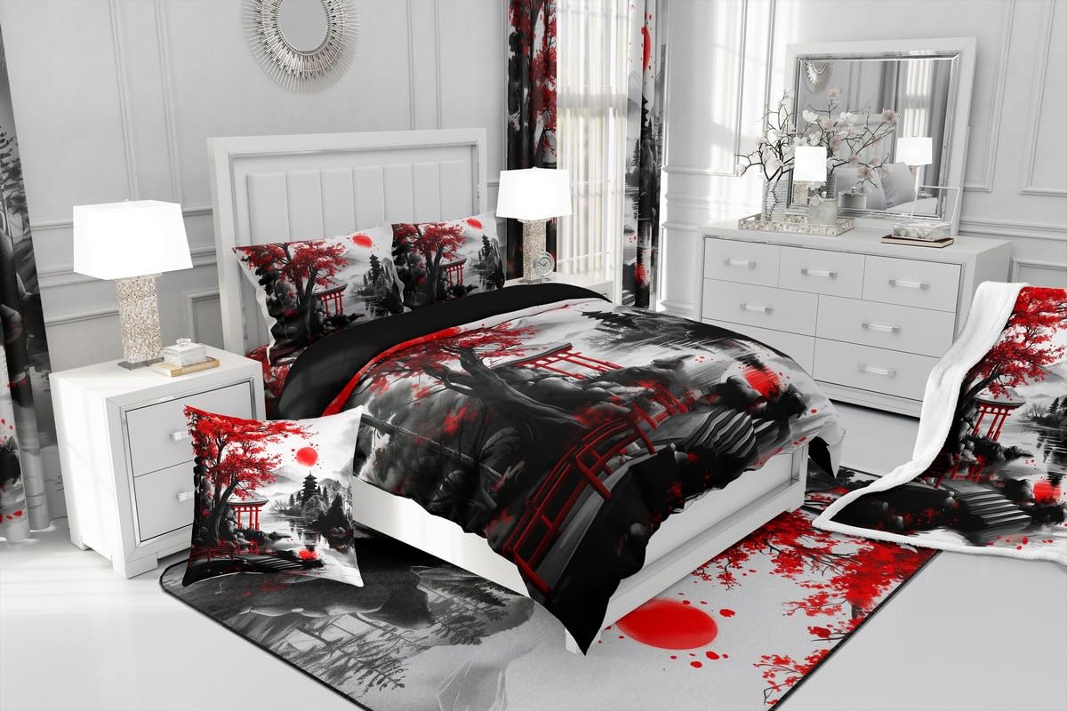 Feelyou Japanese Style Bedding Sheets Full Cherry Blossom Bed Sheet Set for Adult Kids Watercolor Fitted Sheet Natural Landscape Bed Cover 3Pcs,1 Fitted Sheet+2 Pillow Sham(No Flat Sheet)