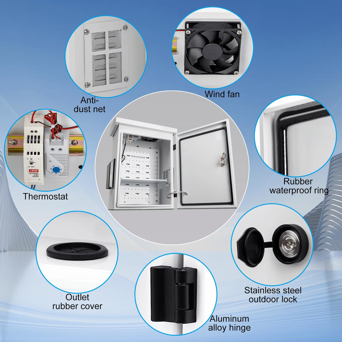 Outdoor Electrical Box with Thermostat and Fan, Cold-Rolled Steel Plate, Aluminum Alloy Back Beam, One-Piece Ventilation Design, IP65 Waterproof, Wall/Pole Mounted. (17.8" x 14" x 7.9")