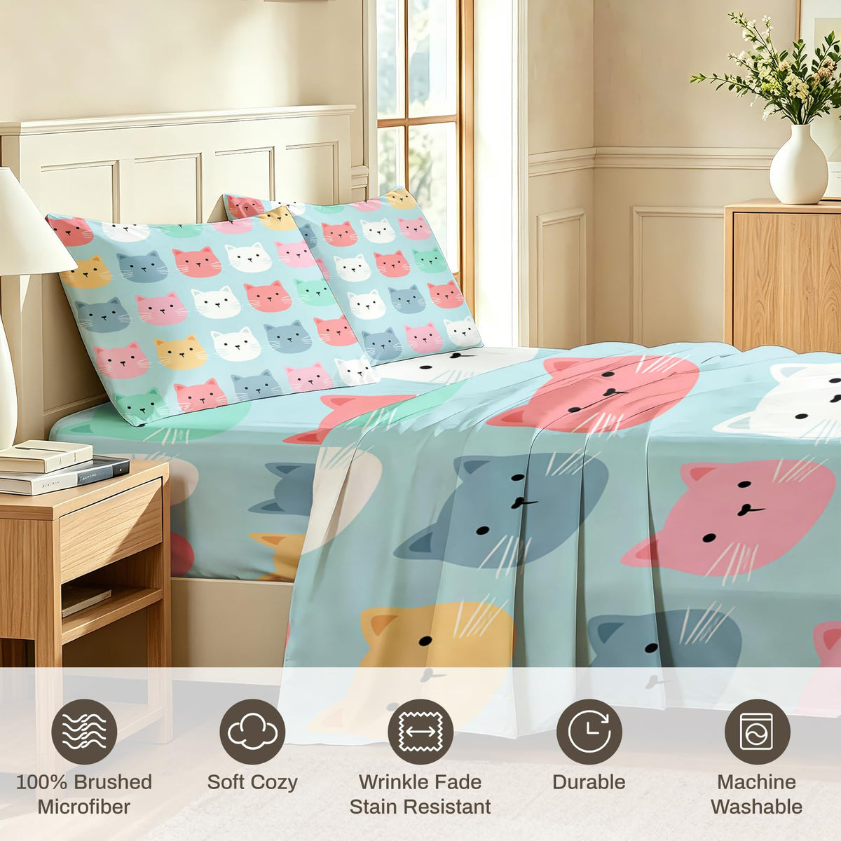 Cute Cat Sheet Set, 4 Pcs King Size Girls Kitten Bed Sheets
