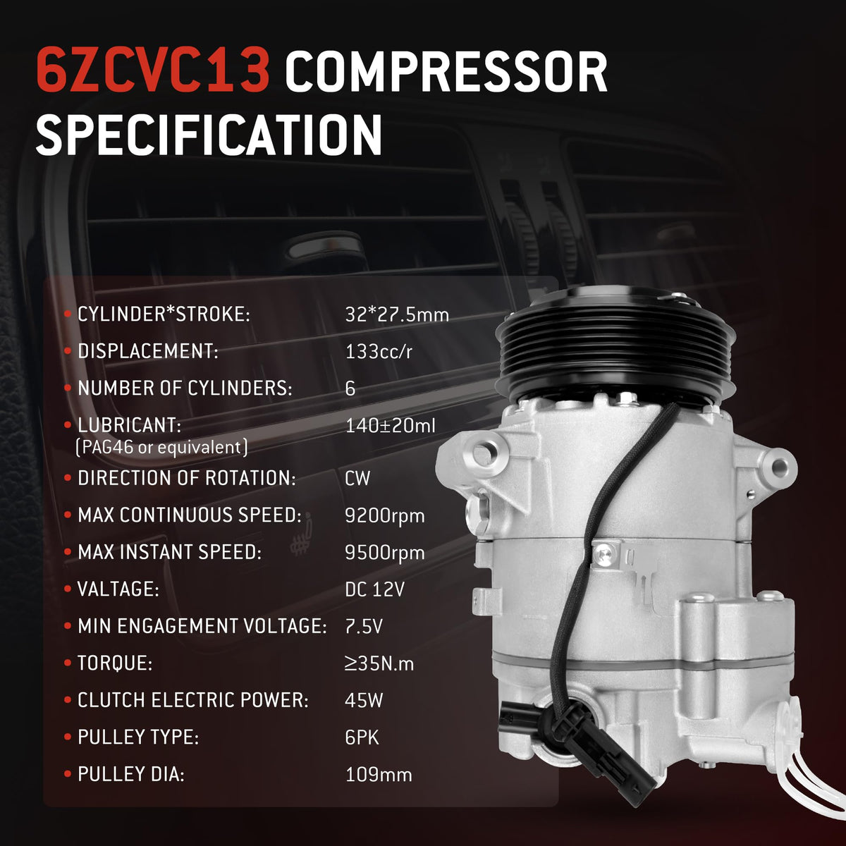 HYR New Air Conditioner AC Compressor with Clutch Compatible with Chevy Cruze 1.8L 2012 2013 2014 2015, 2016 Cruze Limited 1.8L, 6 grooves #CO 22227C,13346491,158272, 157272,1422227