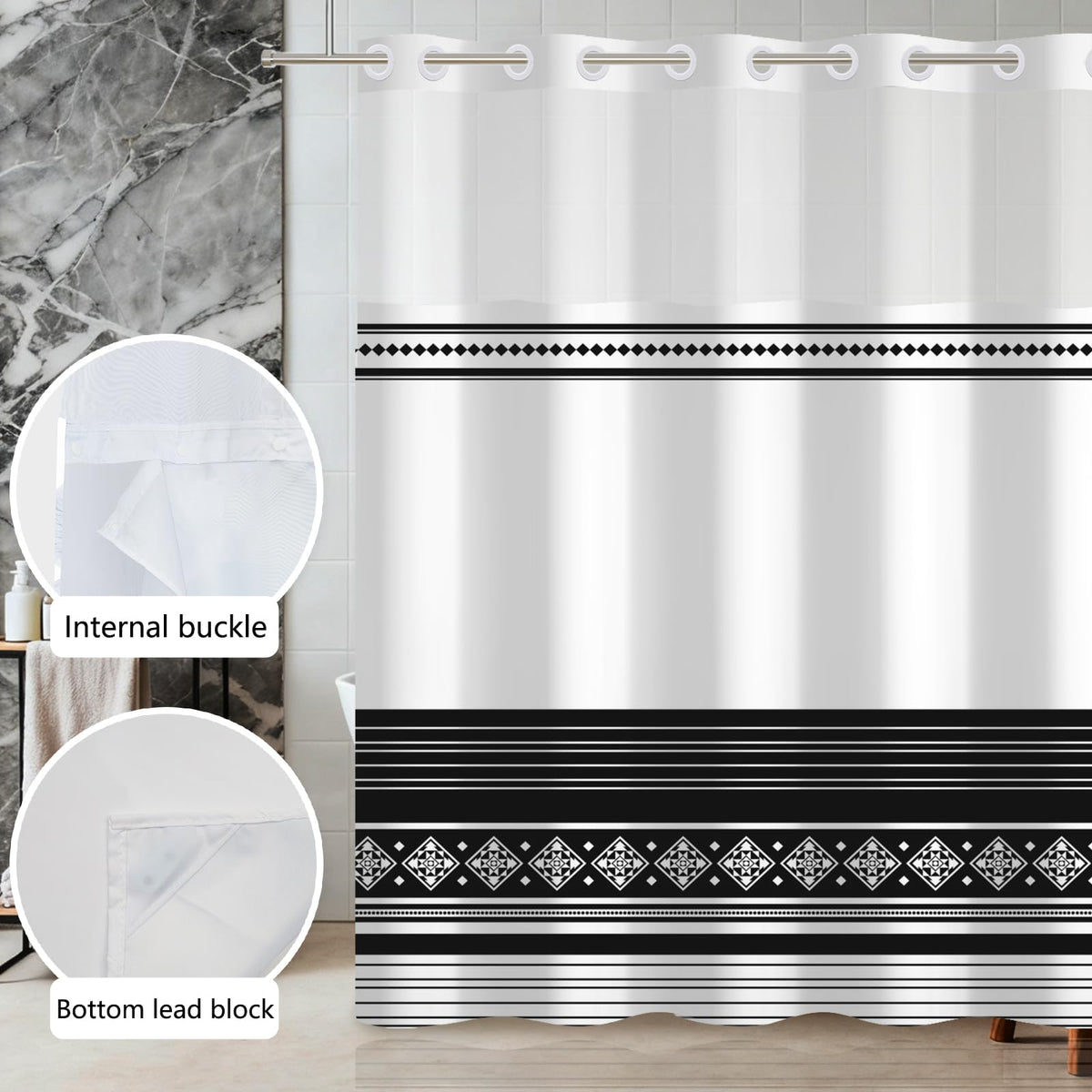 Xiazhilaio No Hook Striped Shower Curtain and Liner Set 71 x 74Inch