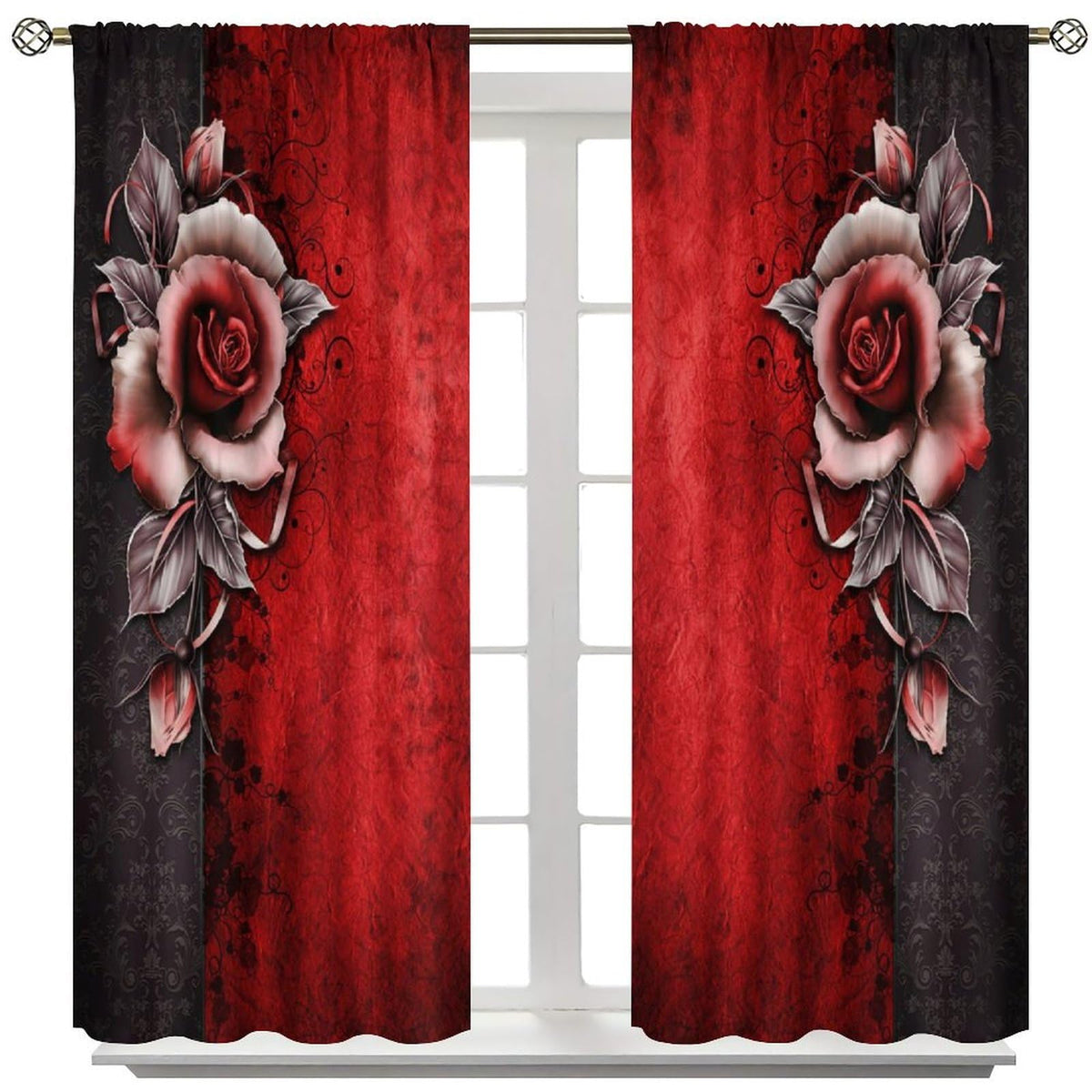 GoDazzling Retro Gothic Dream Rose Curtains, Red Rose Flower Abstract Rod Pocket Window Drapes, for Bedroom Living Room 41" W X 45" L (No Blackout)