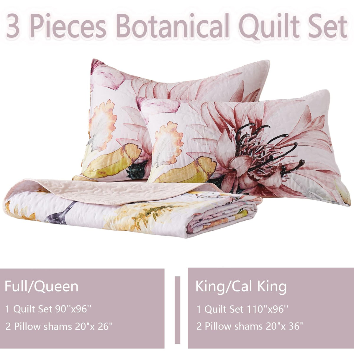 Yogeneg Full Queen Size Quilt Set,Elegant Floral Botanical Pattern Pink Bedding Set,3 Piece Lightweight Soft Summer Bedspread Coverlet with 2 PIillow Sham for All Season(Blush Floral,90"x96")