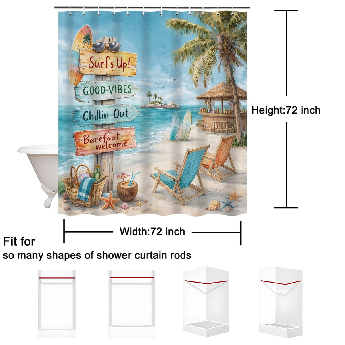PAOPOED Beach Shower Curtain 72x72 Inch, Coastal Ocean Bathroom Curtain with Tropical Surf Sign, Waterproof Fabric, Farmhouse Summer Beach Decor, 12 Hooks Included