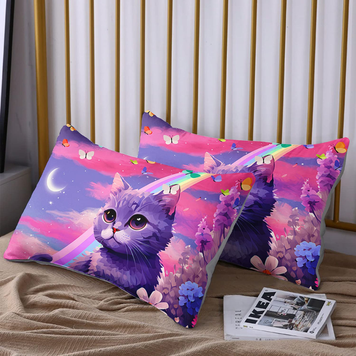 HOSIMA Cat Rainbow Floral Fitted Sheet, Kawaii Toddler Bedding Set for Girls Teens Room Decor Aesthetic, Purple Twin Sheet Set With 2 Pillowcases