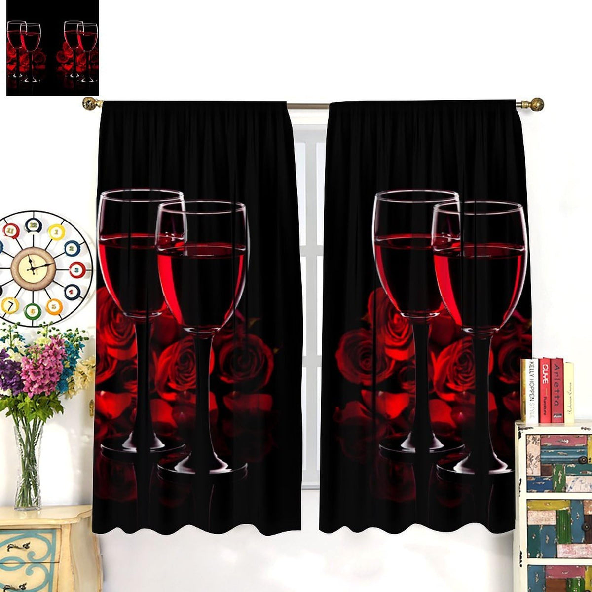 Wine Rose Curtains, Red Wine Glass Rose Floral Print, Light Filtering Window Drapes for Bedroom Dining Room Living Room, 20.5" W x 44.5" L, 2 Panels (No Blackout)