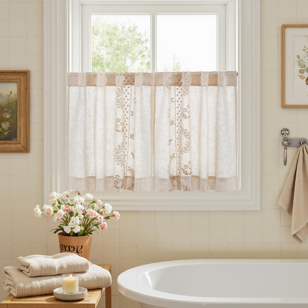 jinchan Belrose Linen Floral Kitchen Curtains 24 inch Length Embroidered Farmhouse Cafe Curtains for Living Room Bathroom Small Windows Curtain Set Sheer Light Filtering 2 Panels Beige