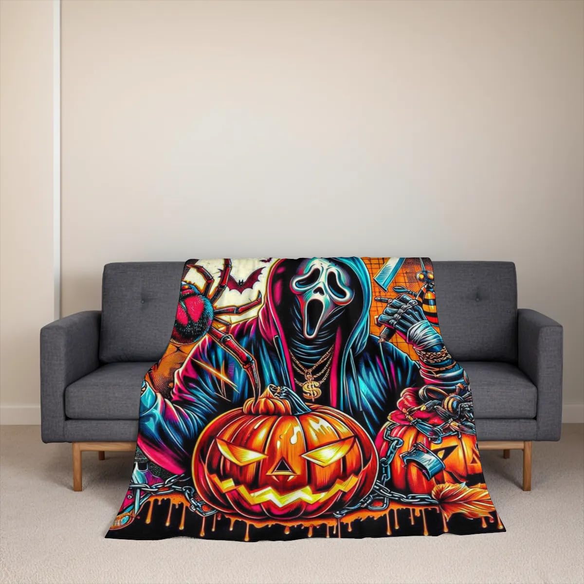 Halloween Ghostface with Pumpkins and Spiders Flannel Throw Blanket, 40"×50"(100 * 125cm Soft Anti-Pilling Fleece Blanket for Couch, Sofa, Bed, Lightweight and Breathable for Home, Office, Travel