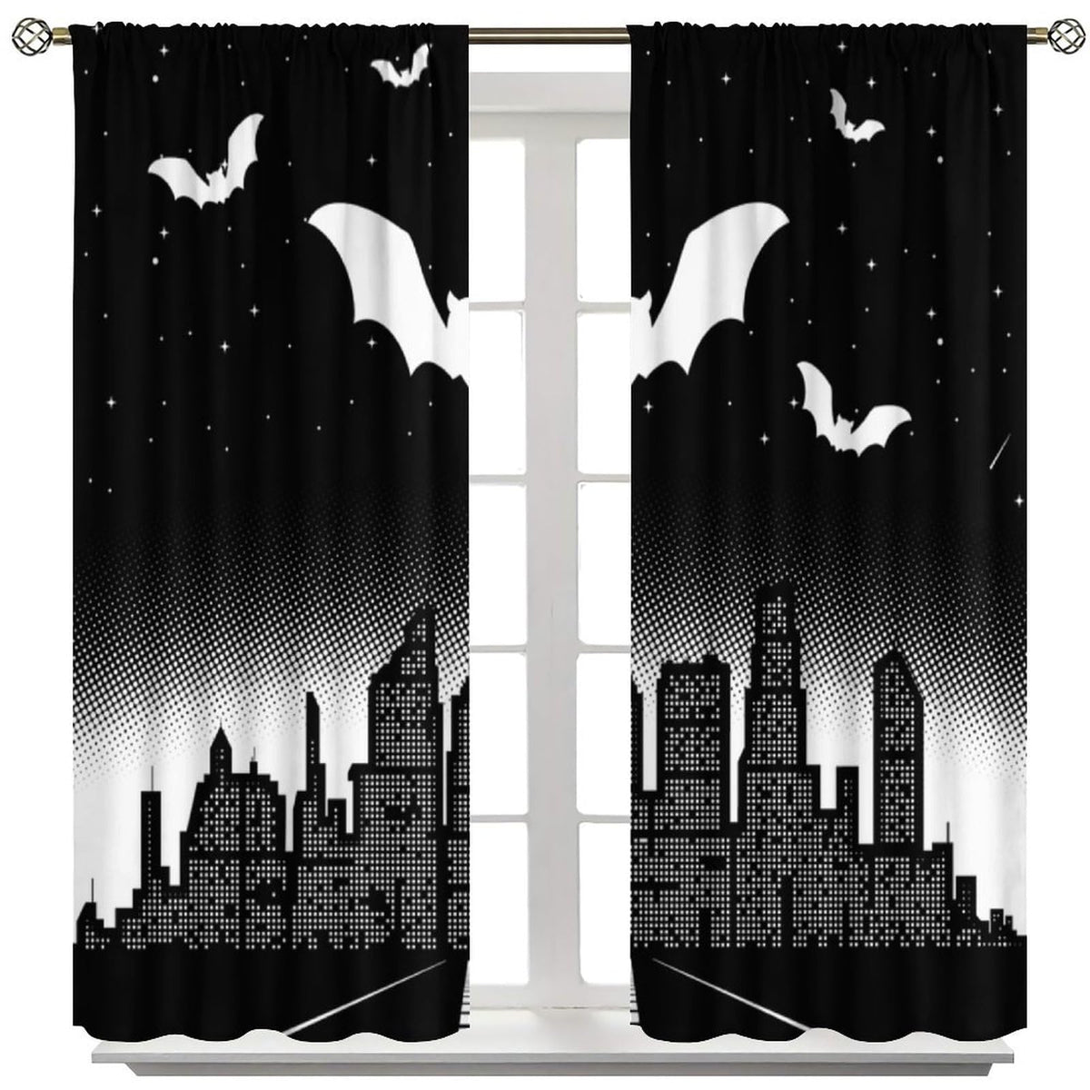 DDCBNS Hero Window Curtains,Comic Art Style Cartoon City Starry Sky Window Treatments for Kids Boys Girls Bedroom Décor Drapes 2 Panel Sets Total Size 42" x 45" Black White