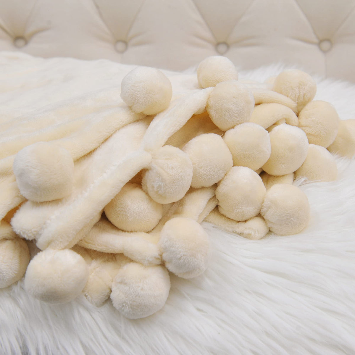 Home Soft Things Pompom Bed Couch Throw Blanket, 50'' x 60'', Antique White, Fuzzy Soft Comfy Warm Decorative Throw Blanket for Living Room Bedroom Suitable for All Seasons