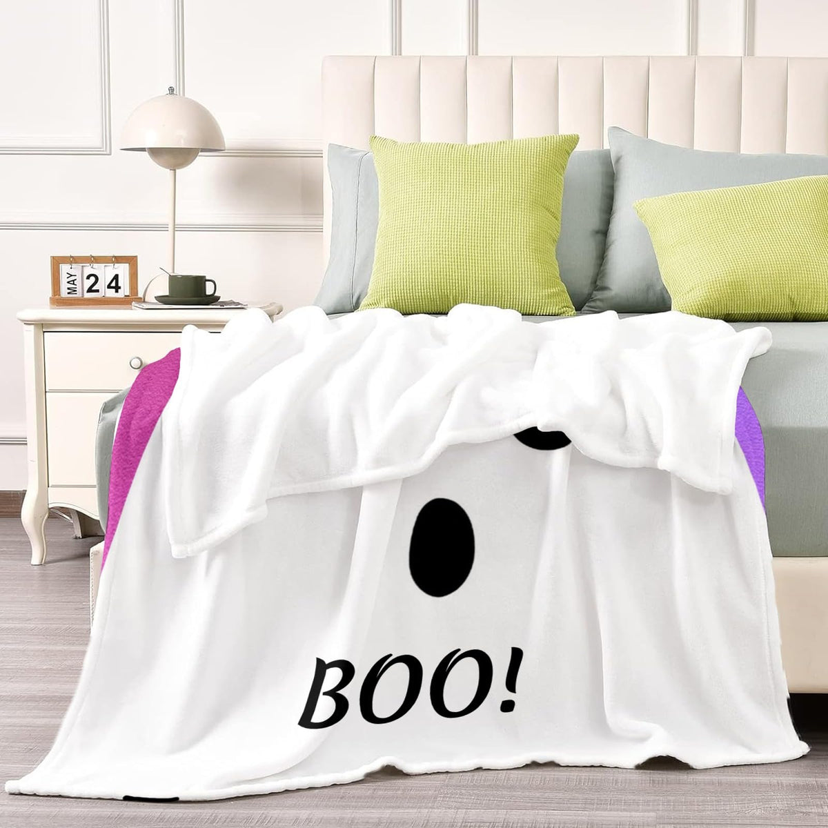 CUSFOU Halloween Throw Blanket, Ghost Rainbow, Customizable Blanket with Name, Personalized Flannel Blanket for Couch Sofa, 50 x 60 Inches