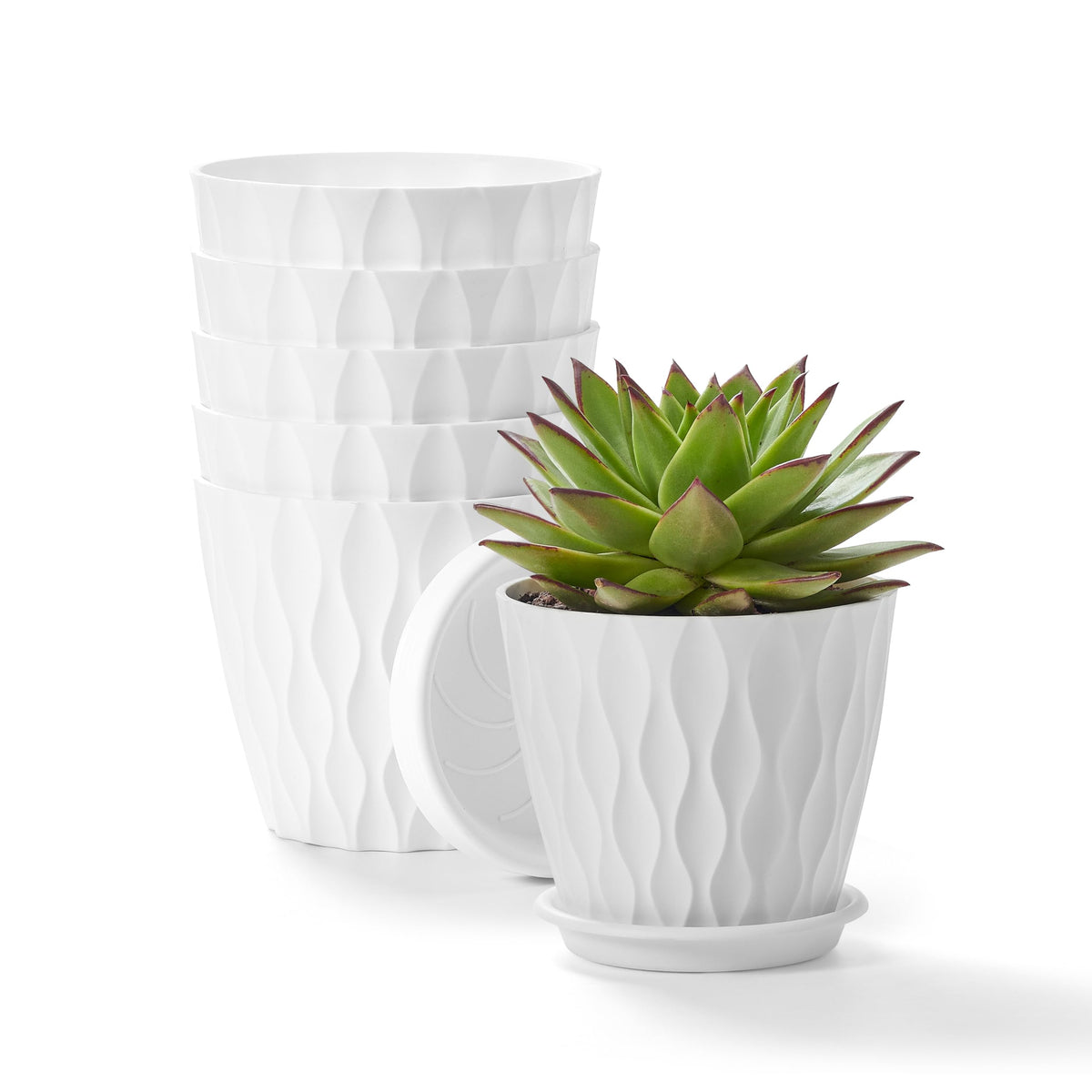 FaithLand 6-Pack 6-Inch Plastic Plant Pots with Saucers | Thickened PP Material, Modern Wave Texture, Enhanced Drainage for Indoor/Outdoor Garden Plants | White Value Set