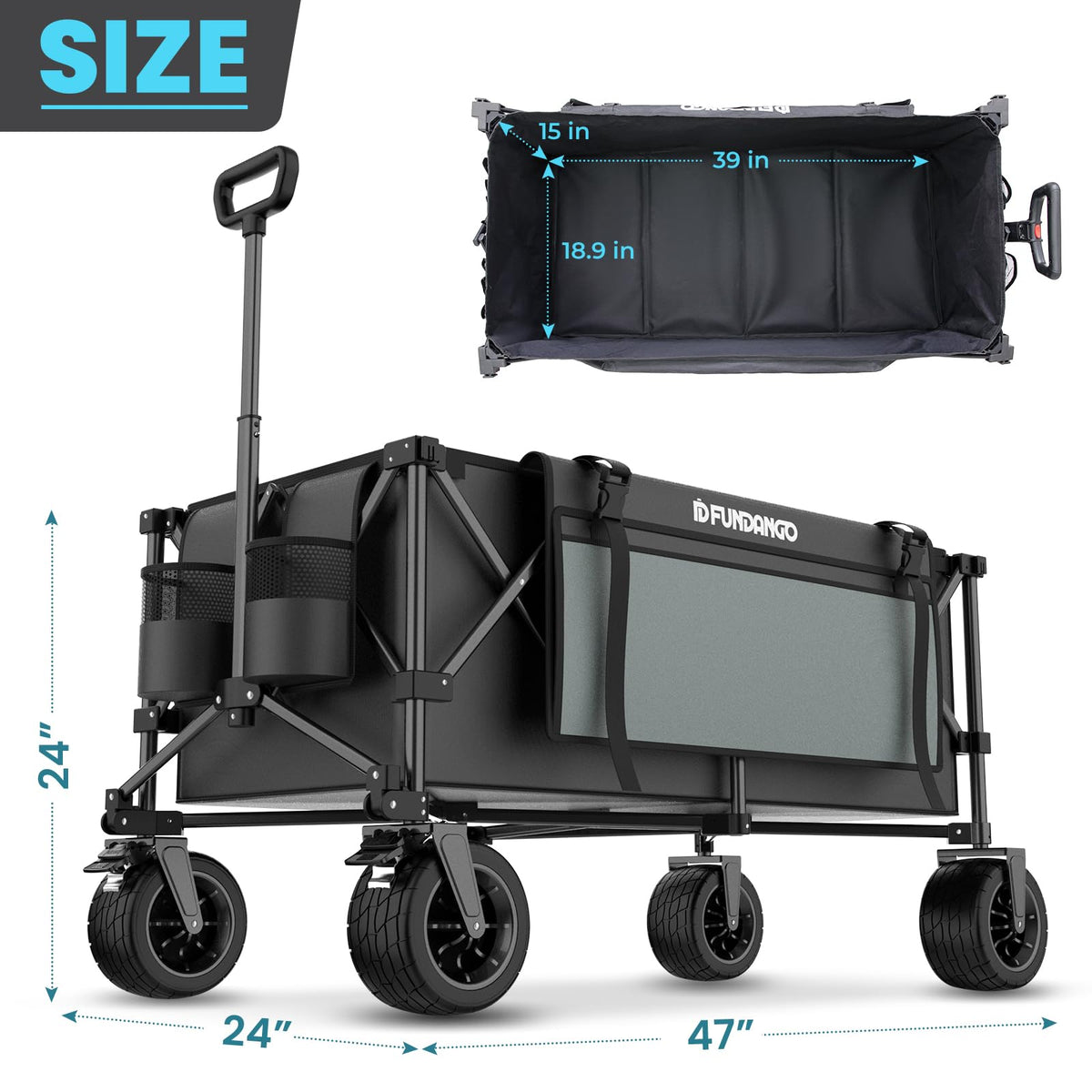 FUNDANGO Heavy Duty Collapsible Wagon 47" L x 24" W, 300L Large Capacity Foldable Cart with Big All-Terrain Wheels for Camping, Beach, Garden & Shopping