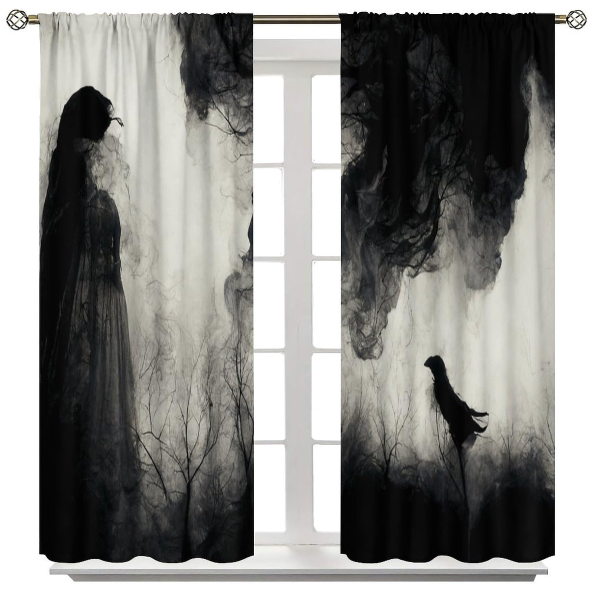 Halloween Misty Forest Curtains, Gothic Foggy Night Silhouette Birds Black Raven Crow Room Darkening Door Window Rod Pocket Curtain for Living Room Bedroom W42xL45in