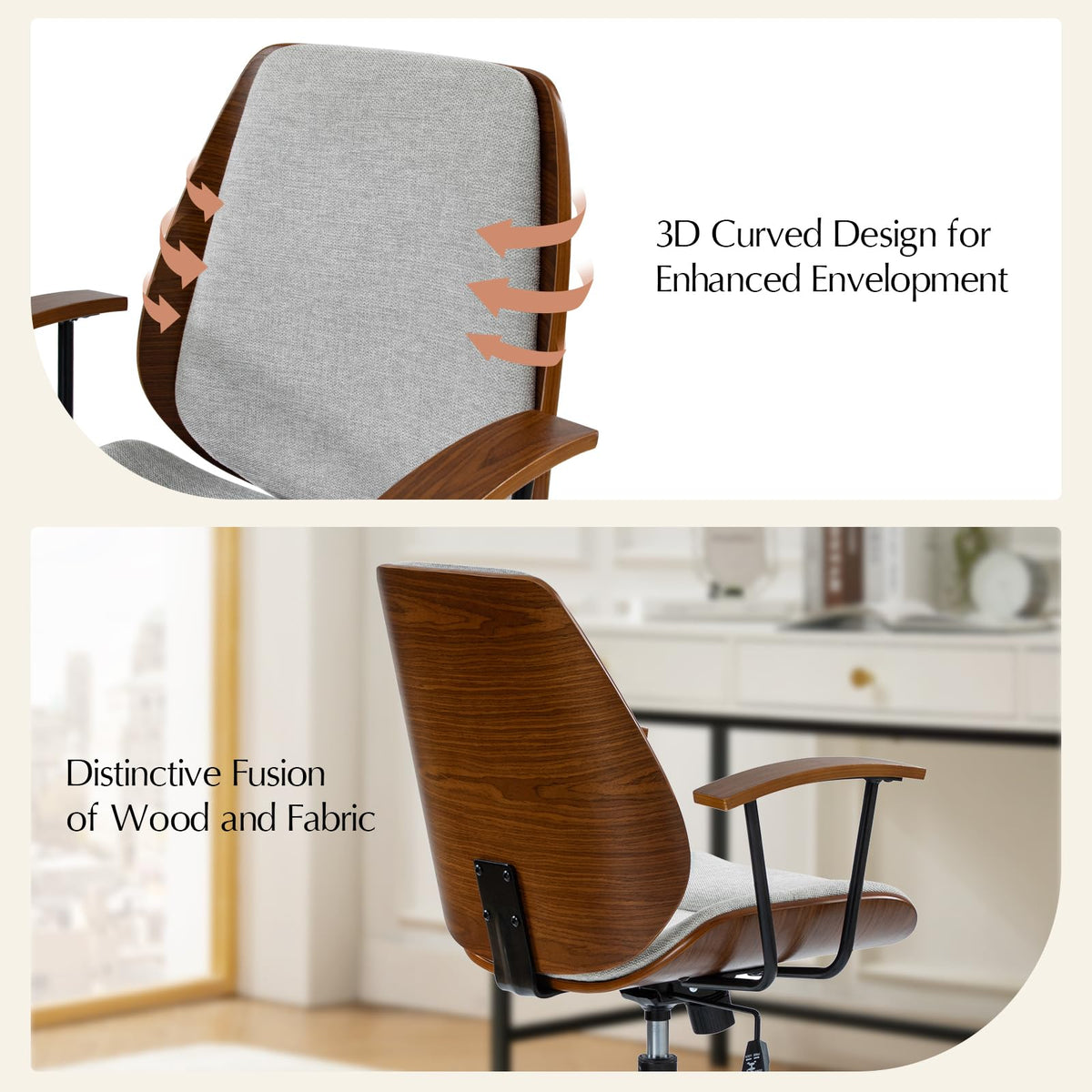 HULALA HOME Solid Wood Office Chair with Rocking Function, Comfy Fabric Desk Chair with Bent Wood and Metal Base, Height Adjustable Swivel Computer Task Chair, Grey
