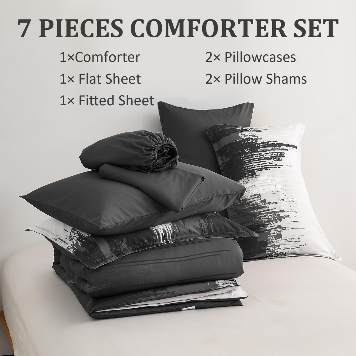 WONGS BEDDING Comforter Set Queen,Black Grey 7 Pieces Bed in a Bag Colorful Abstract Art Gradient Comforter Soft Microfiber Bedding Set with Comforter,Flat Sheet,Fitted Sheet,Pillow Shams,Pillowcases