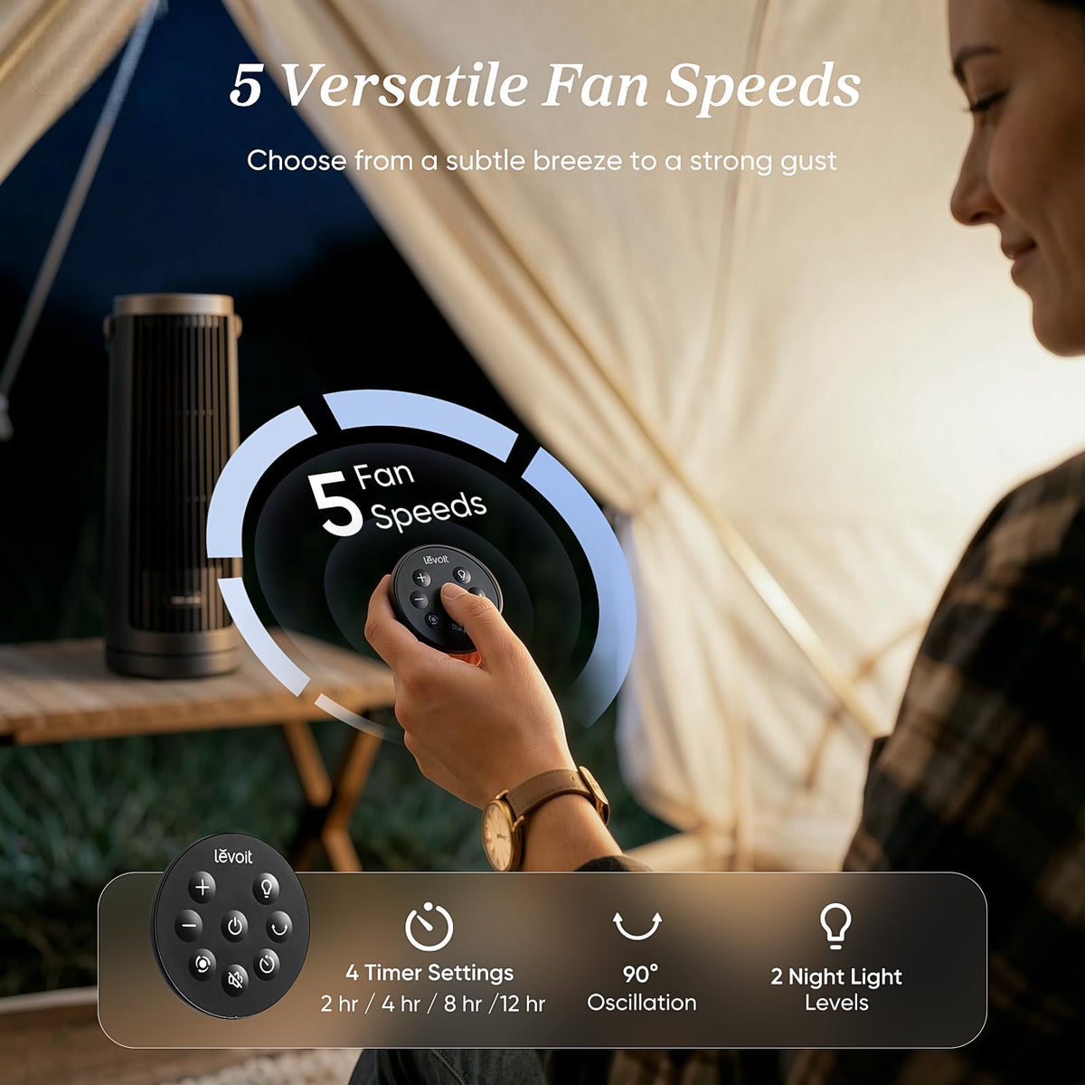LEVOIT Tower Fan for Bedroom, 20dB Portable Fan with 23ft/s, Up to 20-Hour Battery Life, Easy-to-Carry Desk Fan, 5 Speeds 90° Oscillation, DC Motor, Night Light & Timer, Remoter, for Outdoors, Home
