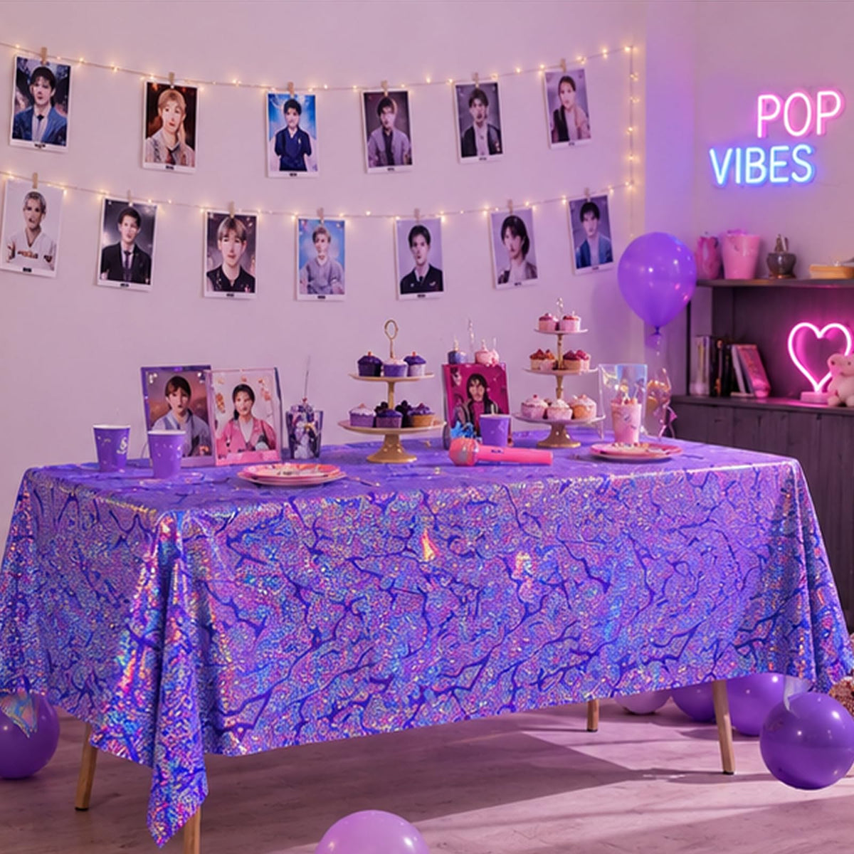 WPDISCZ 3PCS Magical Music Party Tablecloths - Demon Decorations,Pink Purple Lightning Pattern Disposable Plastic Table Covers 54x108 Inch for Korean Anime Themed Party Supplies