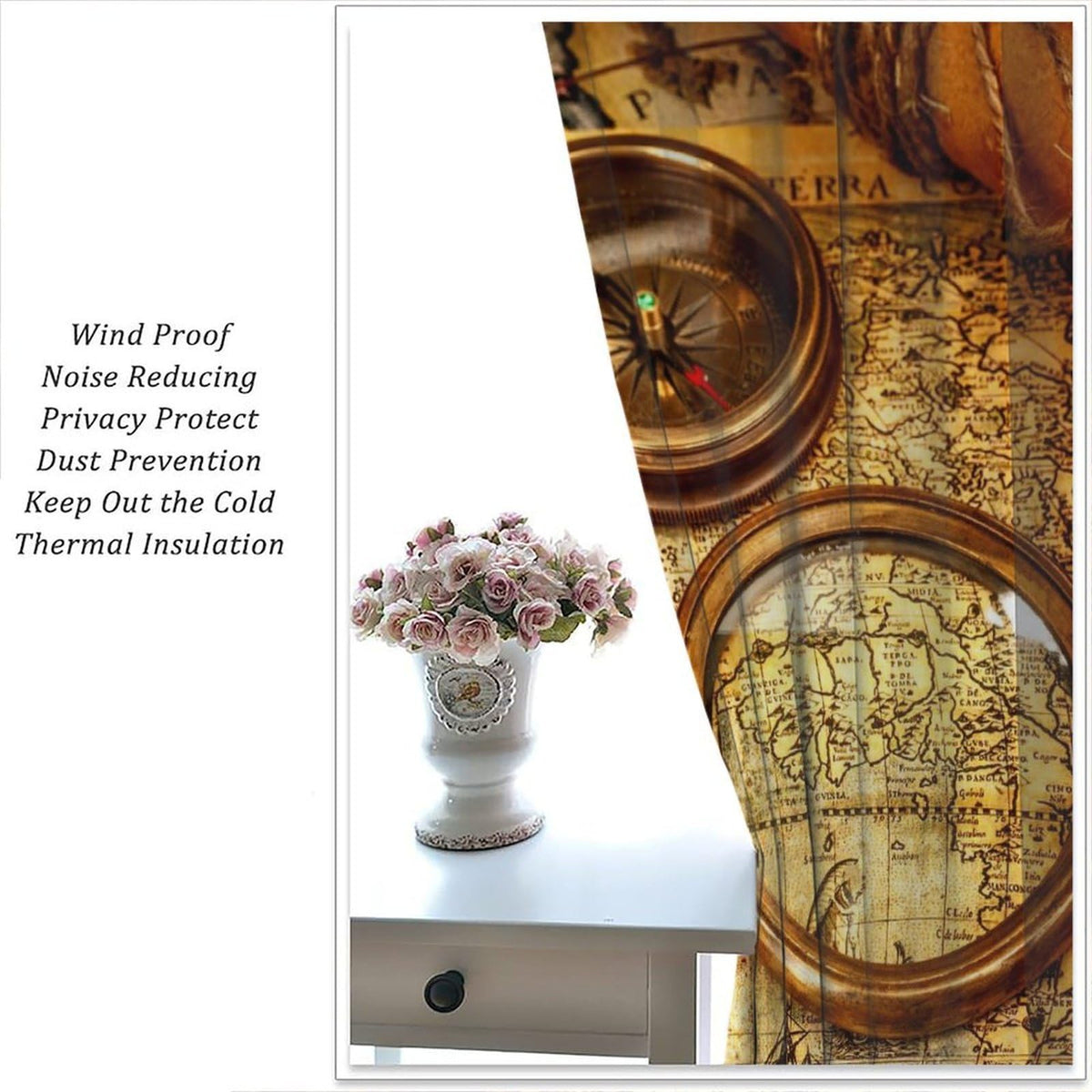 wlsgdsg Retro Map Curtains for Kids Retro Rural Medieval Old Nautical Treasure Map Compass Pattern Window Treatments for Boys Teen Bedroom Living Room 42x44.5In(No Blackout)