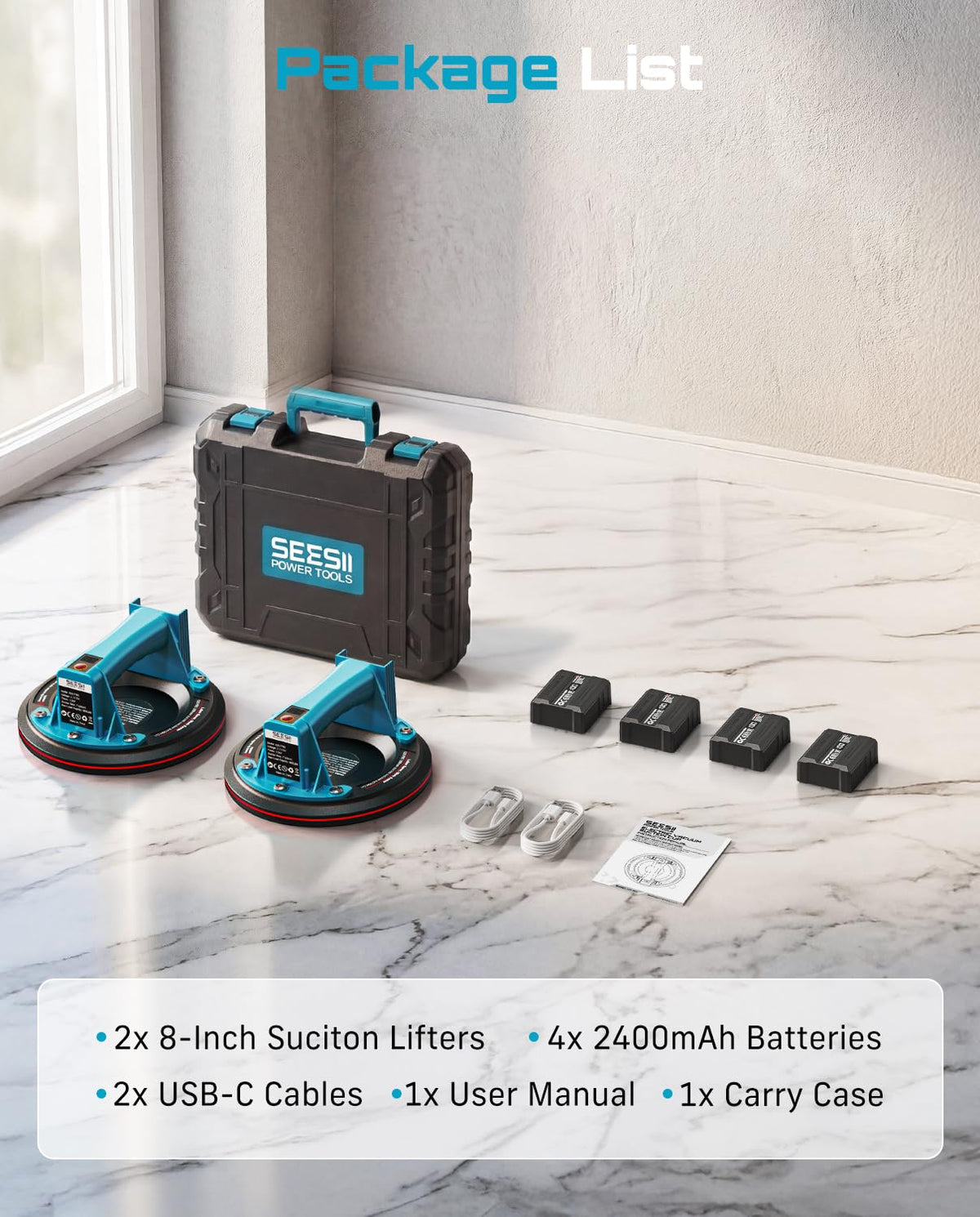 SEESII Electric Suction Cups for Glass, 600 LBS Max Load, 8" Heavy Duty Tile Suction Cups Lifter with 4X 2400mAh Batteries, Auto Start Pump, Display, for Lifting Large Glass, Tile, Granite, Metal