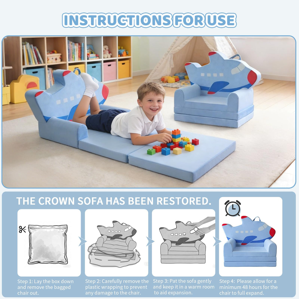 KKS KAKINNSYUU Toddler Couch 2 in 1 Flip-Out Kids Couch, Fold Out Foam Kids Sofa with Soft Washable Cover, Airplane Design for Playroom