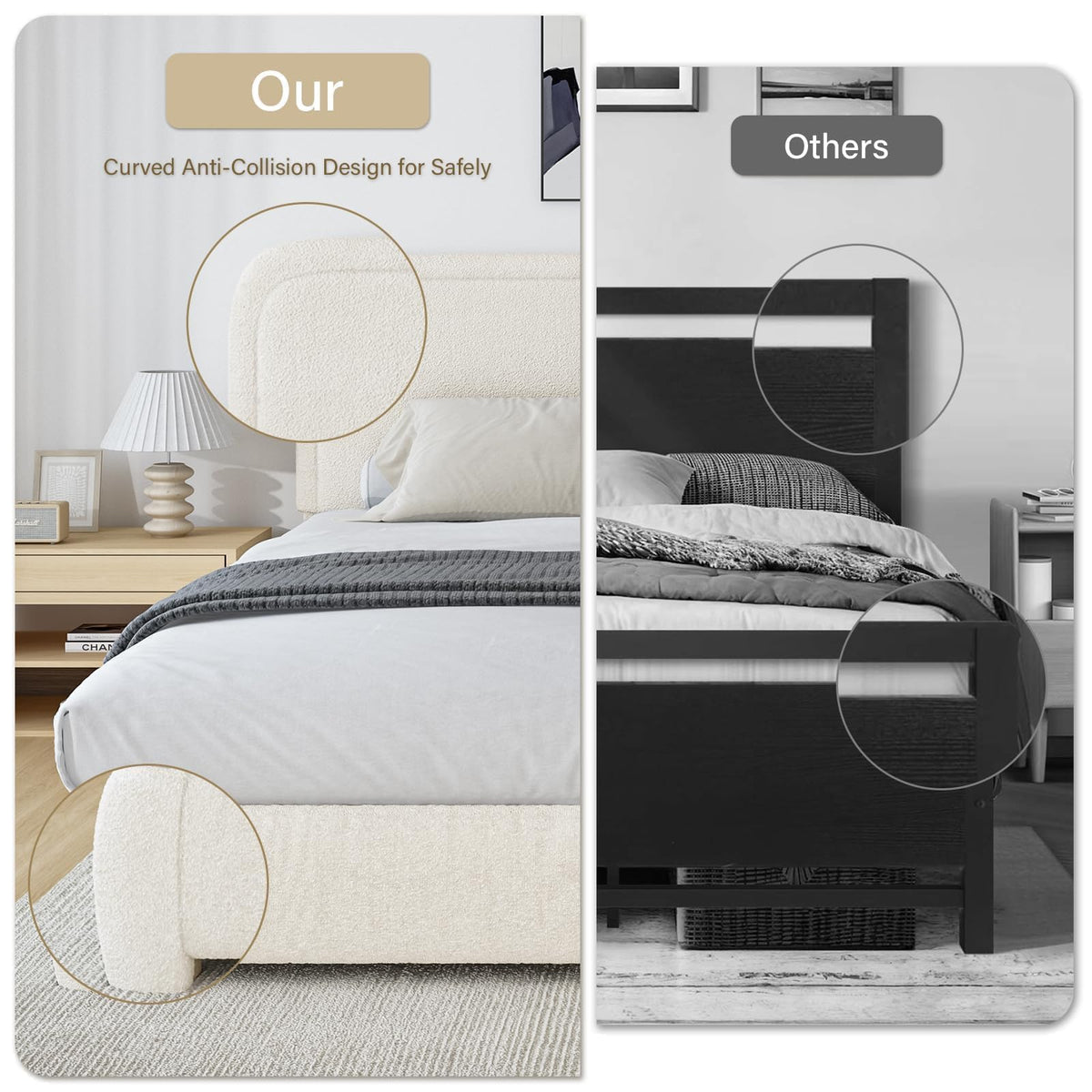 BarnFurin Queen Bed Frame with Headboard, Cloud Boucle Upholstered Platform Bed with Wood Slats, Soft Rounded Corners, No Box Spring Required, Non-Slip and Noise-Free, Easy Assembly, Cream
