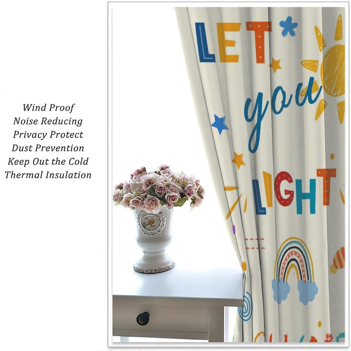 AAVEUP Cartoon Curtains for Kids,Colorful Early Childhood Learning Education Sun Rainbow Stars Cute Quotes Window Drapes for Nursery Boys Girls Bedroom Living Room 42x45in(No Blackout)