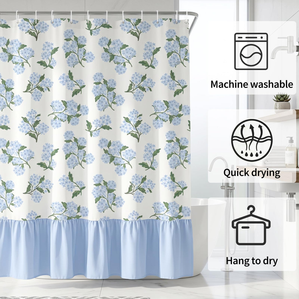 FYSUIMU Linen Textured Ruffle Shower Curtain with 12 Hooks Blue Hydrangea Floral Block Print Waterproof Bath Curtain for Summer Farmhouse French Country Bathroom Decor, 72 x 72 Inch