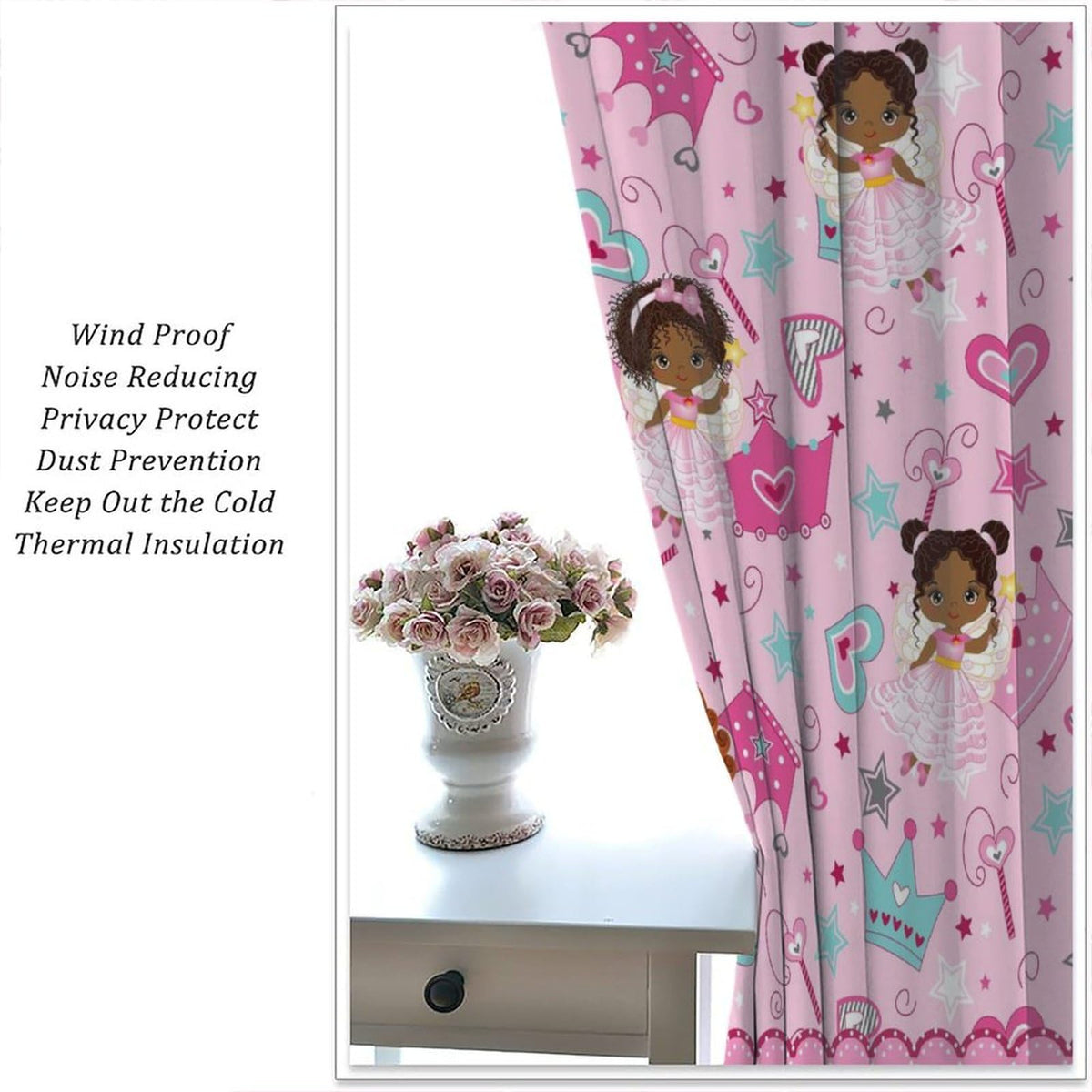 AAVEUP Kids Black Girls Curtains,Cartoon Pink Fantasy Magic Princess Castle Star Love African American Black Girl Window Treatments Drapes for Girls Living Room Bedroom 42x45in(No Blackout)