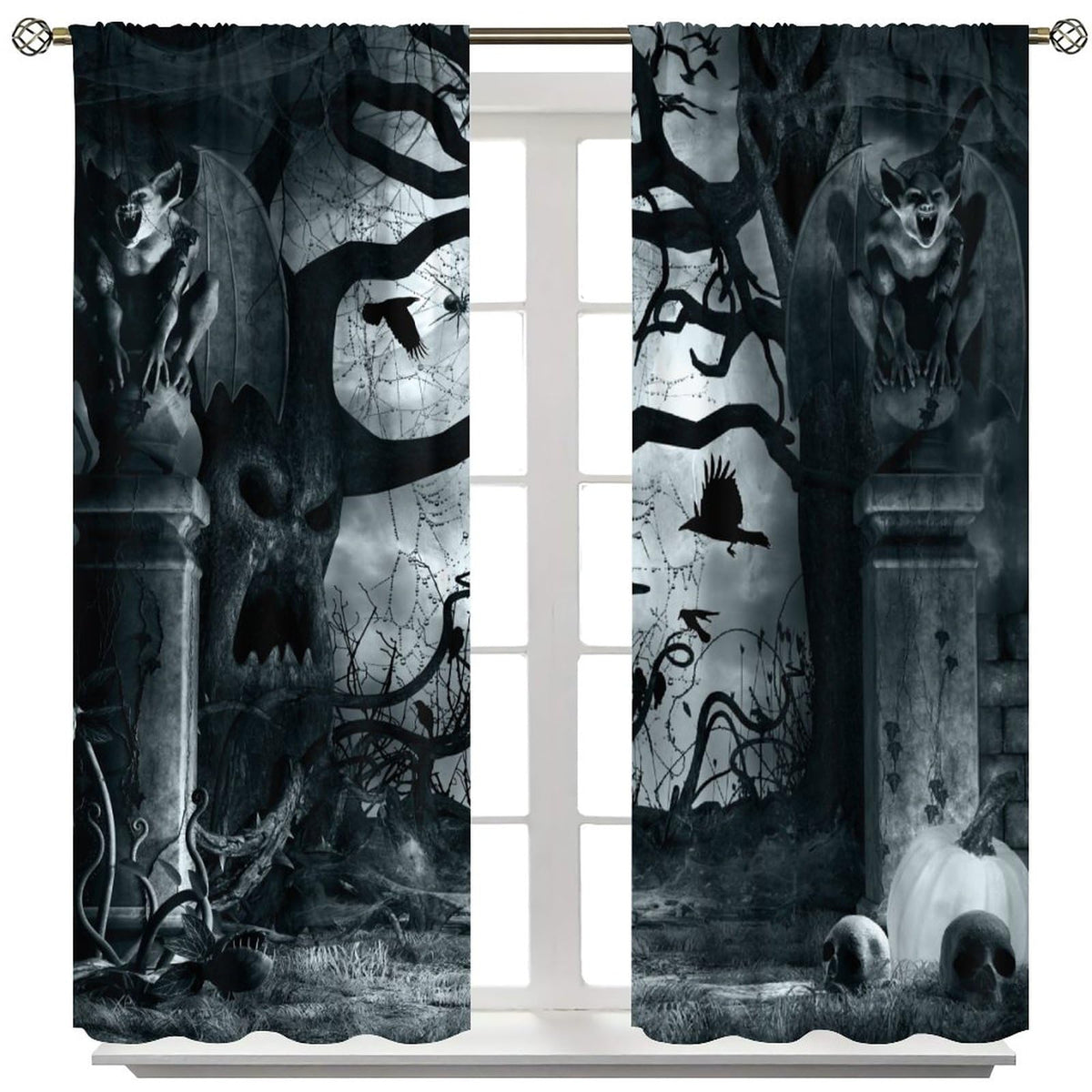 Gothic Curtains,Terror Themed Demon Skeleton Crow Dark Forest Window Treatments for Bedroom Living Room Kitchen Horror Halloween Window Drapes 2 Panel Set,Total Size 42 x 45 Inch