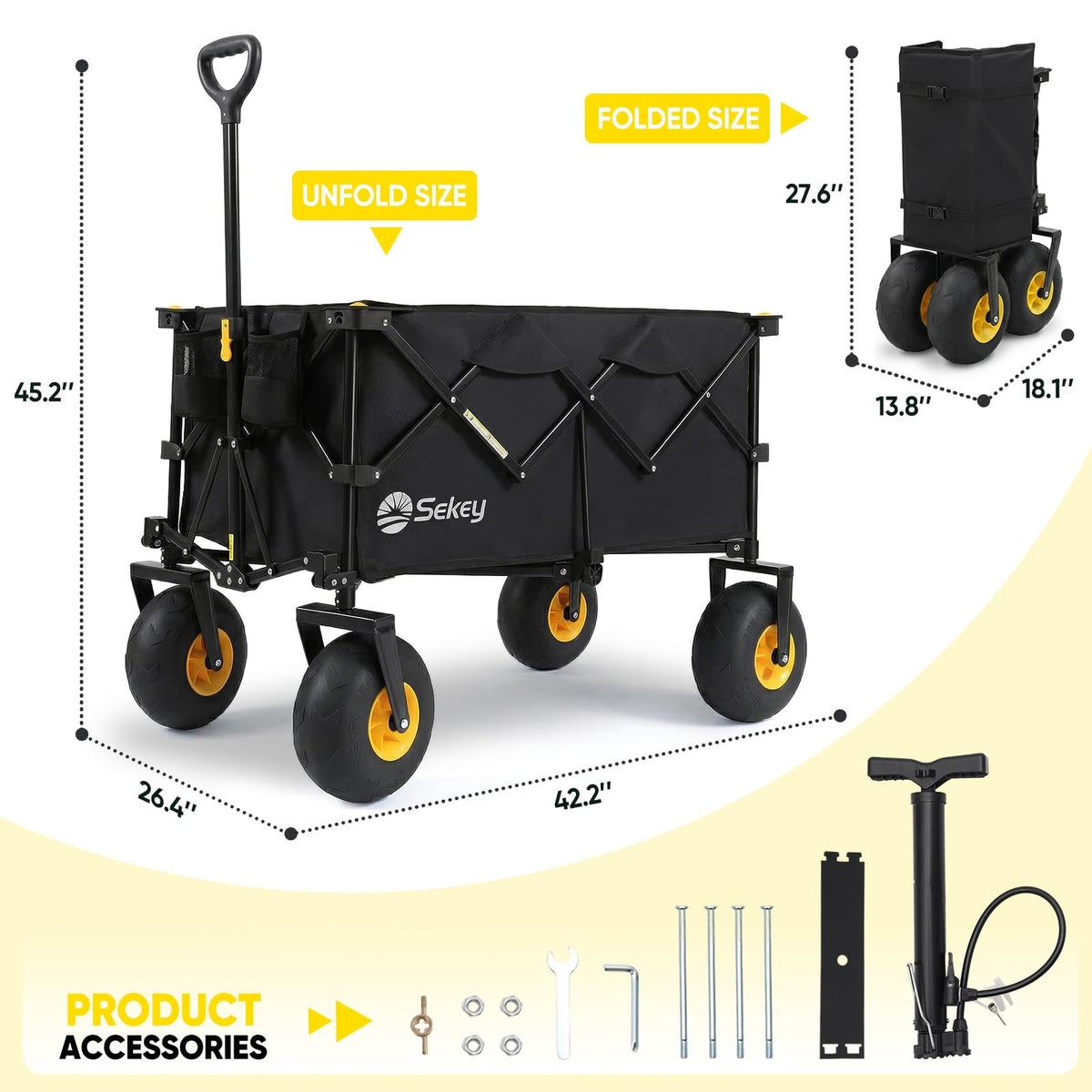 Sekey Heavy Duty Beach Wagon with 9" Big Sand-Proof Wheels ā 600lb Capacity, 200L Oversized Foldable Cart | Adjustable Handle & All-Terrain Tires for Sand, Camping, Groceries