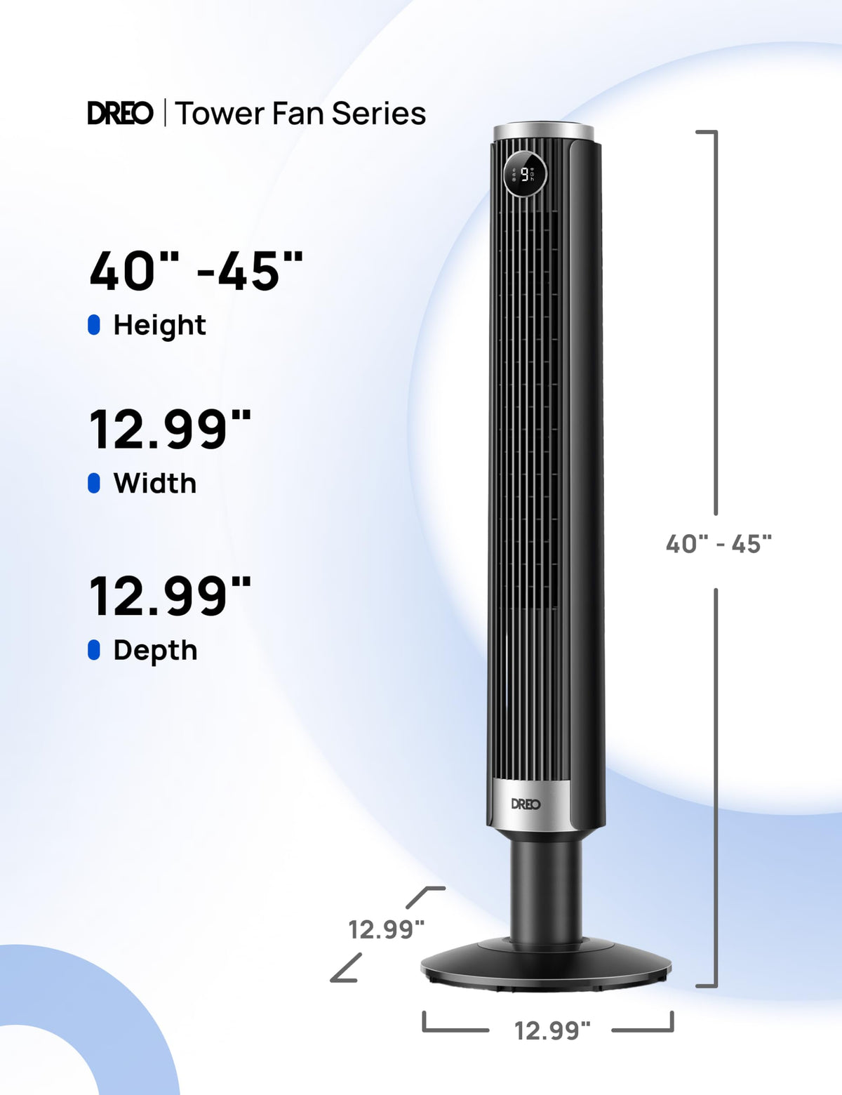 DREO Smart Tower Fan for Bedroom, 40โ-45โ Adjustable Height, 28 ft/s Velocity, DC Motor, 9 Speeds, 4 Modes, 90ยฐOscillating, Standing Fan, 20dB Quiet, 12H Timer for Home, Office, Google/Alexa, Black