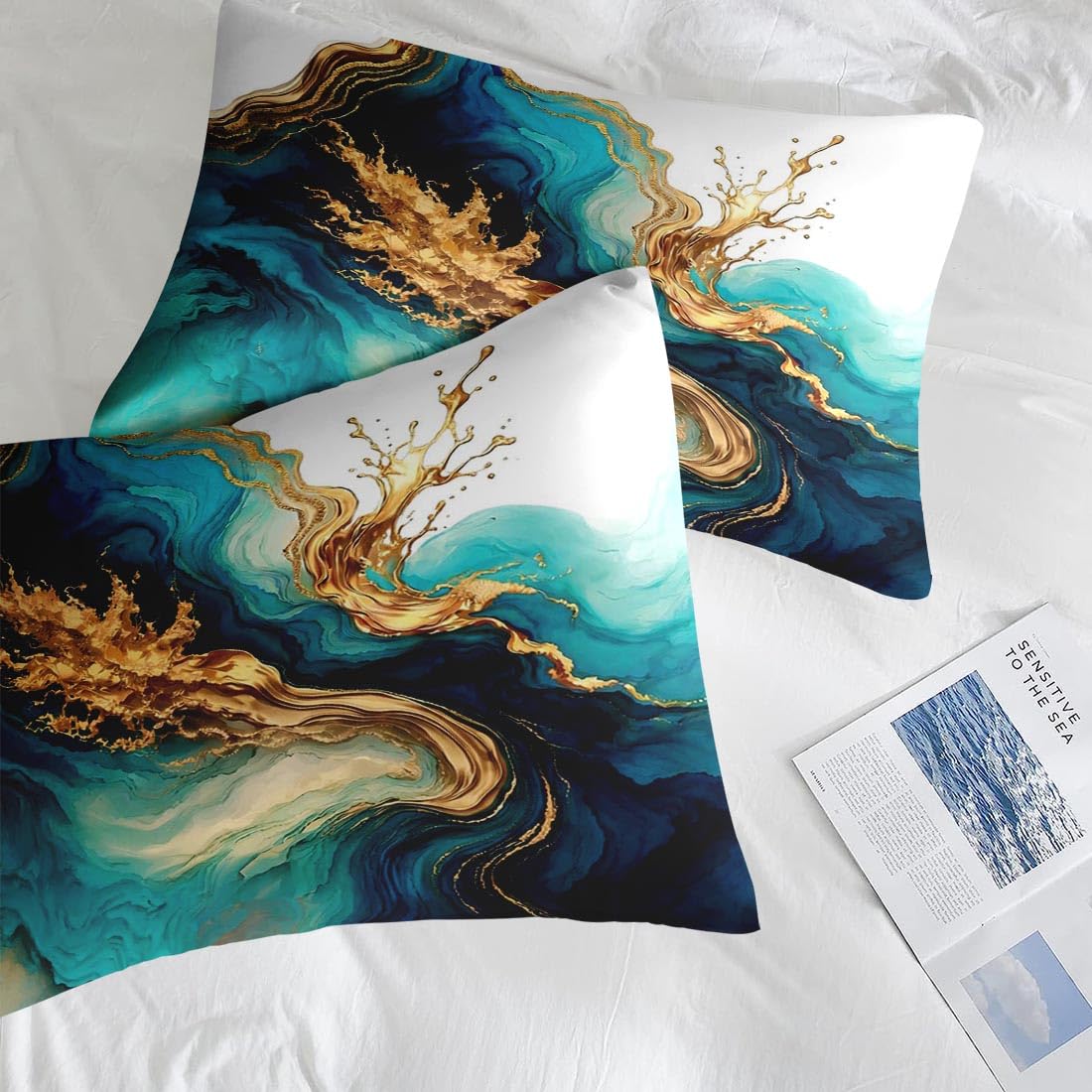 Pamnest Comforter Set Twin Size, Mint Green Marble Gold 5 Pcs Bedding for Kids and Adults, Teal Turquoise Blue Bed Sheet Sets with Fitted Sheet Pillowcase & Sham for Bedroom Bed Decor