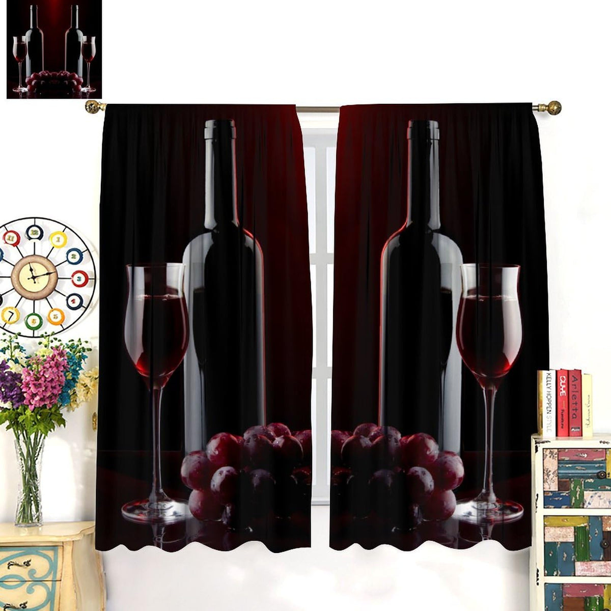 Wine Curtains, Red Wine Bottle Glass Grapes Print, Light Filtering Window Drapes for Kitchen Dining Room Living Room, 20.5" W x 44.5" L, 2 Panels (No Blackout)