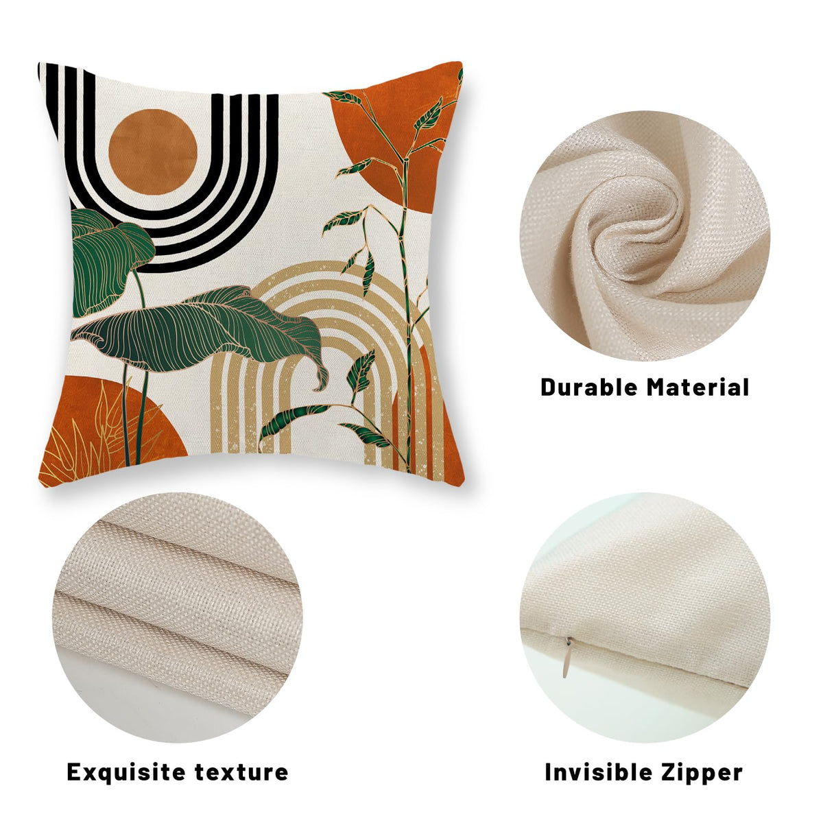 GOLIANDA Boho Orange Pillow Covers 18x18 Set of 2 Green Gold Leaf Tropical Mid Century Throw Pillows Outdoor Bohemian Modern Decorative Pillowcase Farmhouse Linen Cushion Case for Couch Sofa Decor