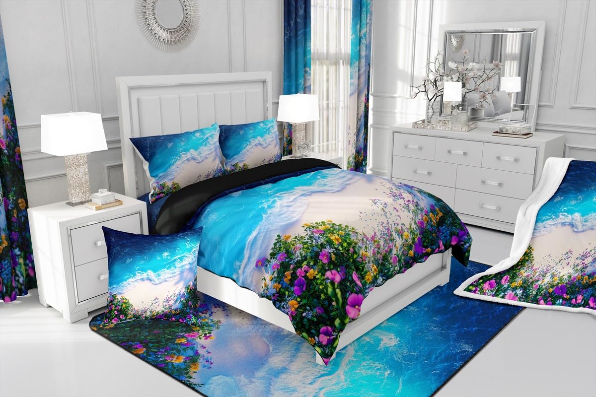 Feelyou Pretty Ocean Beach Bedding Sheets Full Cute Flower Bed Sheet Set for Adult Kids Blue Purple Yellow Fitted Sheet Beach Theme Bed Cover 3Pcs,1 Fitted Sheet+2 Pillow Sham(No Flat Sheet)