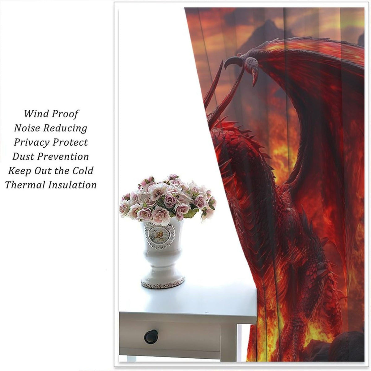 wlsgdsg Western Dragon Curtains for Boys,Fantasy Myth Red Volcano Lava Magic Wings Dragon Fire Breathing Window Treatments Print for Kids Teenage Bedroom Living Room 42x45in(No Blackout)