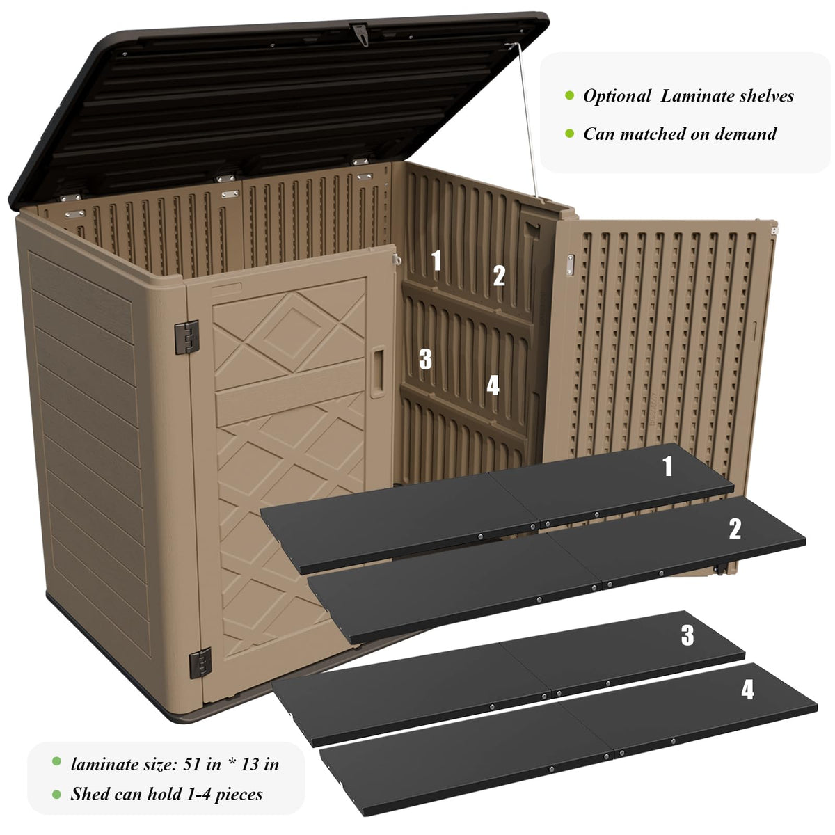 ZZM Large Outdoor Storage Shed, 48 Cu Ft Resin Versatile Storage Cabinet for Patio Accessories, Trash Cans & Garden Tools, Durable Horizontal Storage Box with Lockable Lid (Coffee)