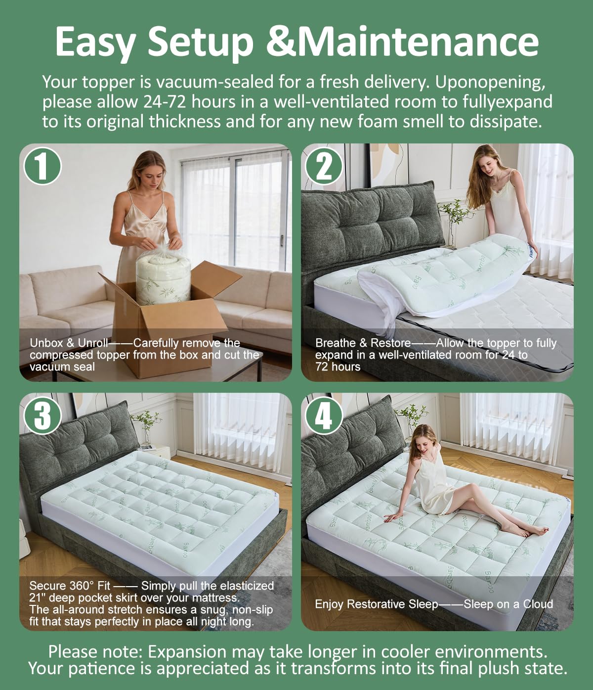 Fracho Ultra Soft Mattress Topper Twin XL Size - Rayon Made from Bamboo Cooling Mattress Topper - 1000GSM Plush Pillow Top Bed Pad, Naturally Breathable & Supportive for Hot Sleepers, Green