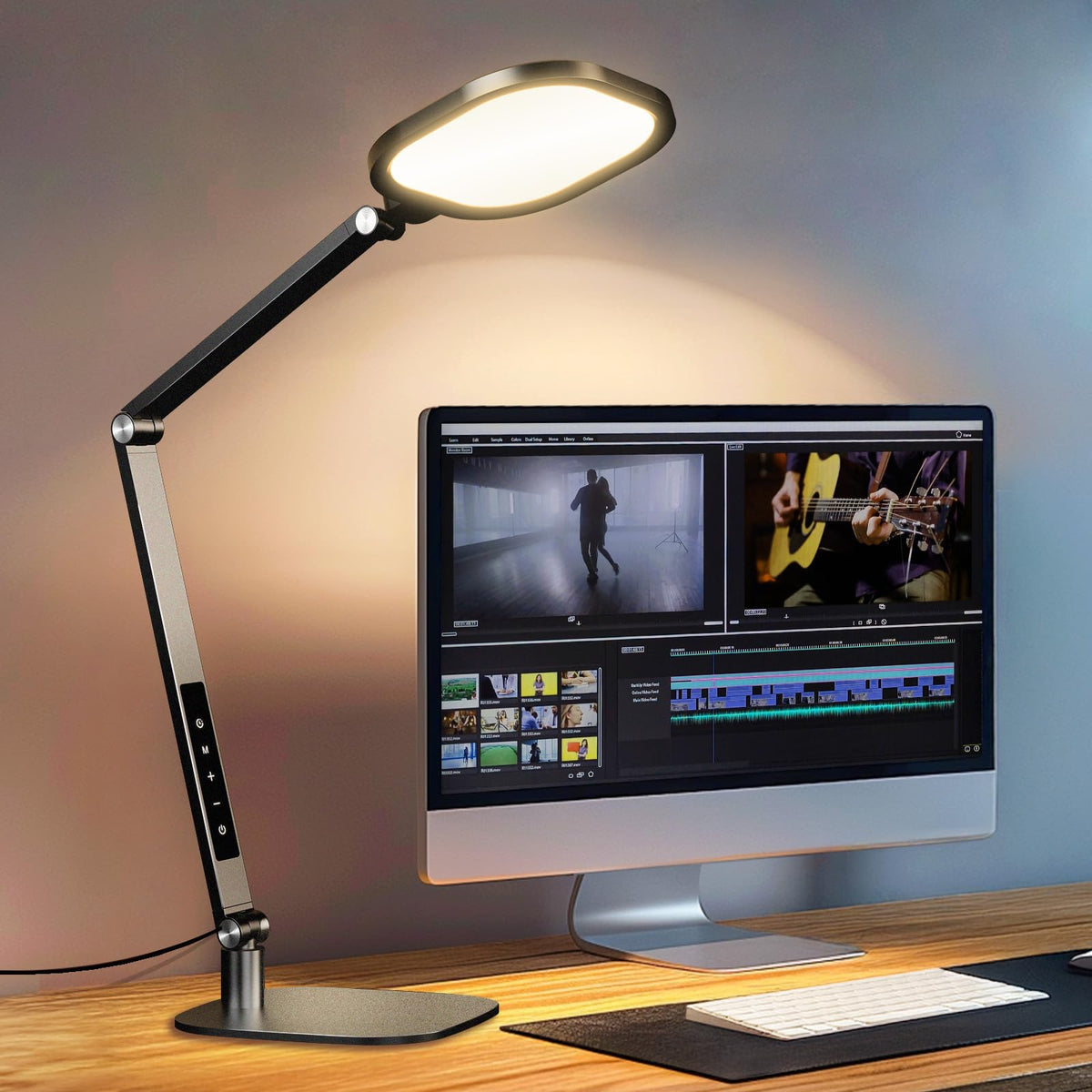 LitONES LED Desk Lamp for Home Office, 15W Desk Light with CRI >95, Memory & Timer Function, 1200LM Dimmable Computer Light for Video Calls, Conference, Reading, Study (Black-2packs)