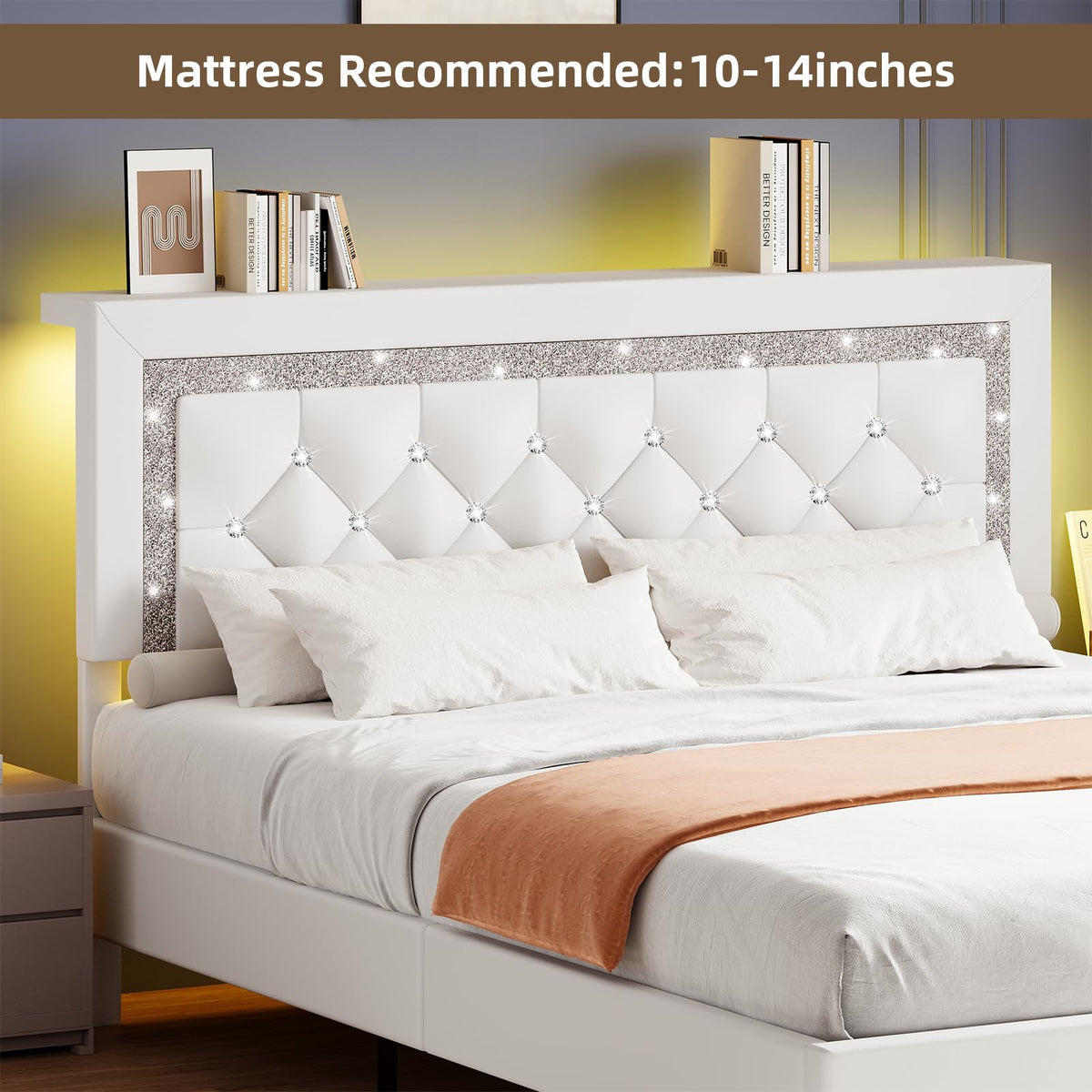 BarnFurin Full Size Bed Frame with Storage Headboard, Full Size Bed Frame with Headboard Diamond Tufted and LED Lights, Wooden Slats Support, Noise Free, No Box Spring Needed, Easy Assembly, White