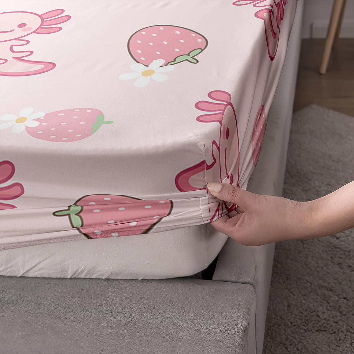 QOOMO Pink Axolotl Microfiber Flat Fitted Sheets Set for Children Kawaii Strawberry Kids Sheet Set Cute Sea Creature Super Soft Kids Bedding Set Queen Size 1 Fitted Sheet, 1 Flat Sheet, 2 Pillow Cases